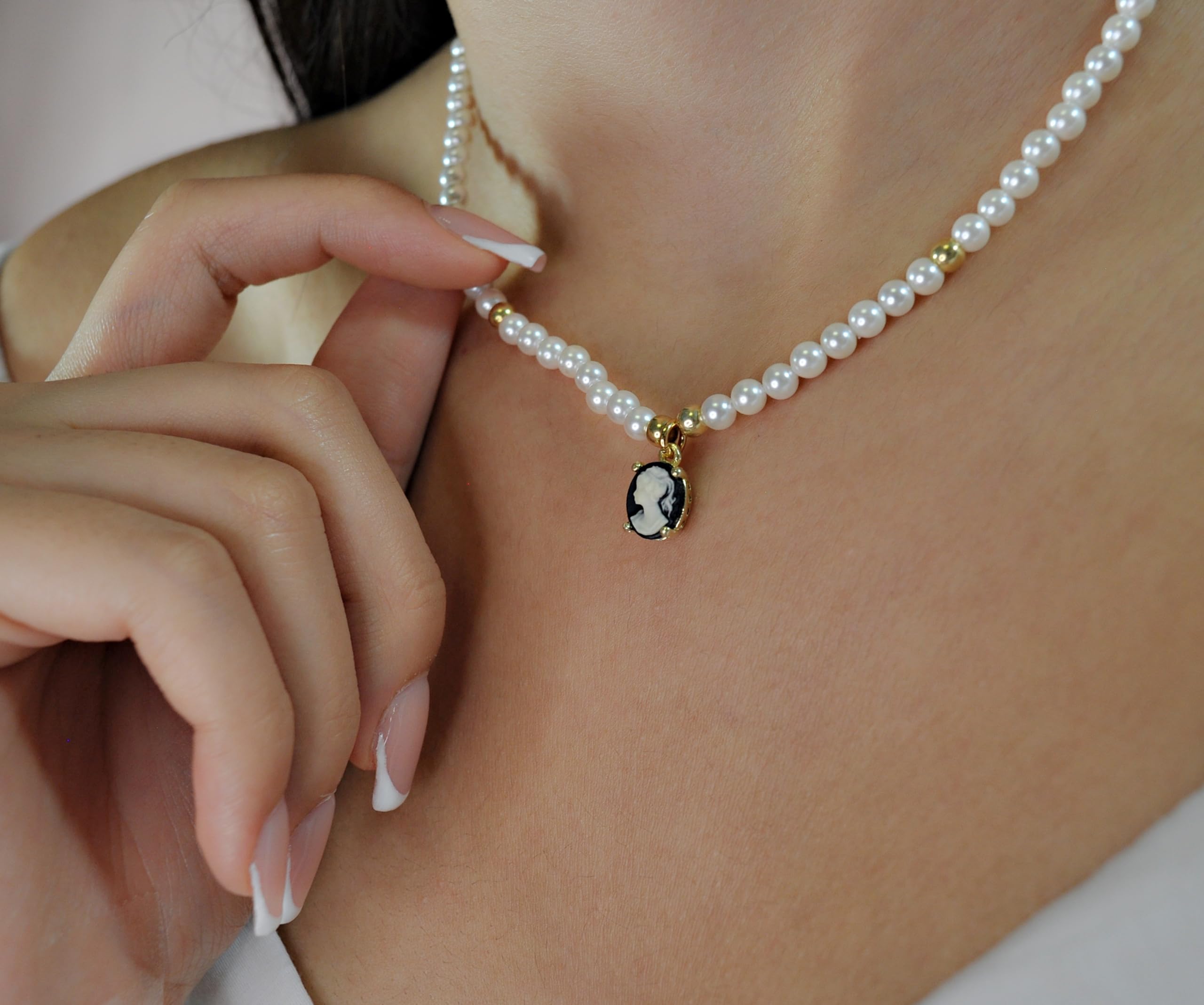 LADY MIRAGE - Perlen Schmuckset Damen - Vintage Halskette Damen - Perlmutt Armband - Gemme - Kamee - 925 Sterling Silber Vergoldet - Handgefertigte Geschenk - Schmuck - Weihnachtsgeschenk
