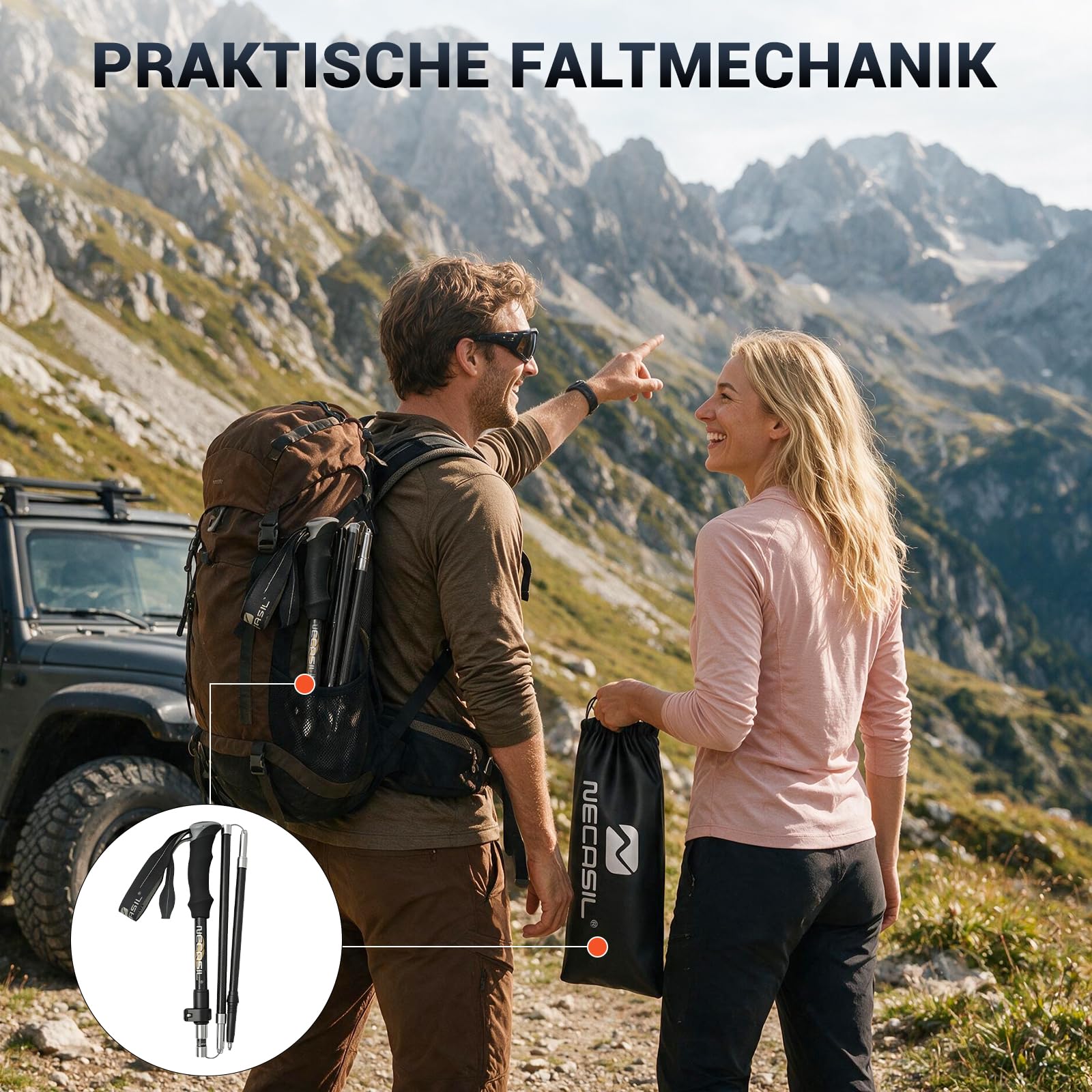 Bâtons de randonnée en carbone 3K de qualité supérieure - Ultralégers - 208 g - Bâtons de trekking réglables - 107-125 cm - Avec poignée en liège et extension EVA - Bâtons de marche nordique légers