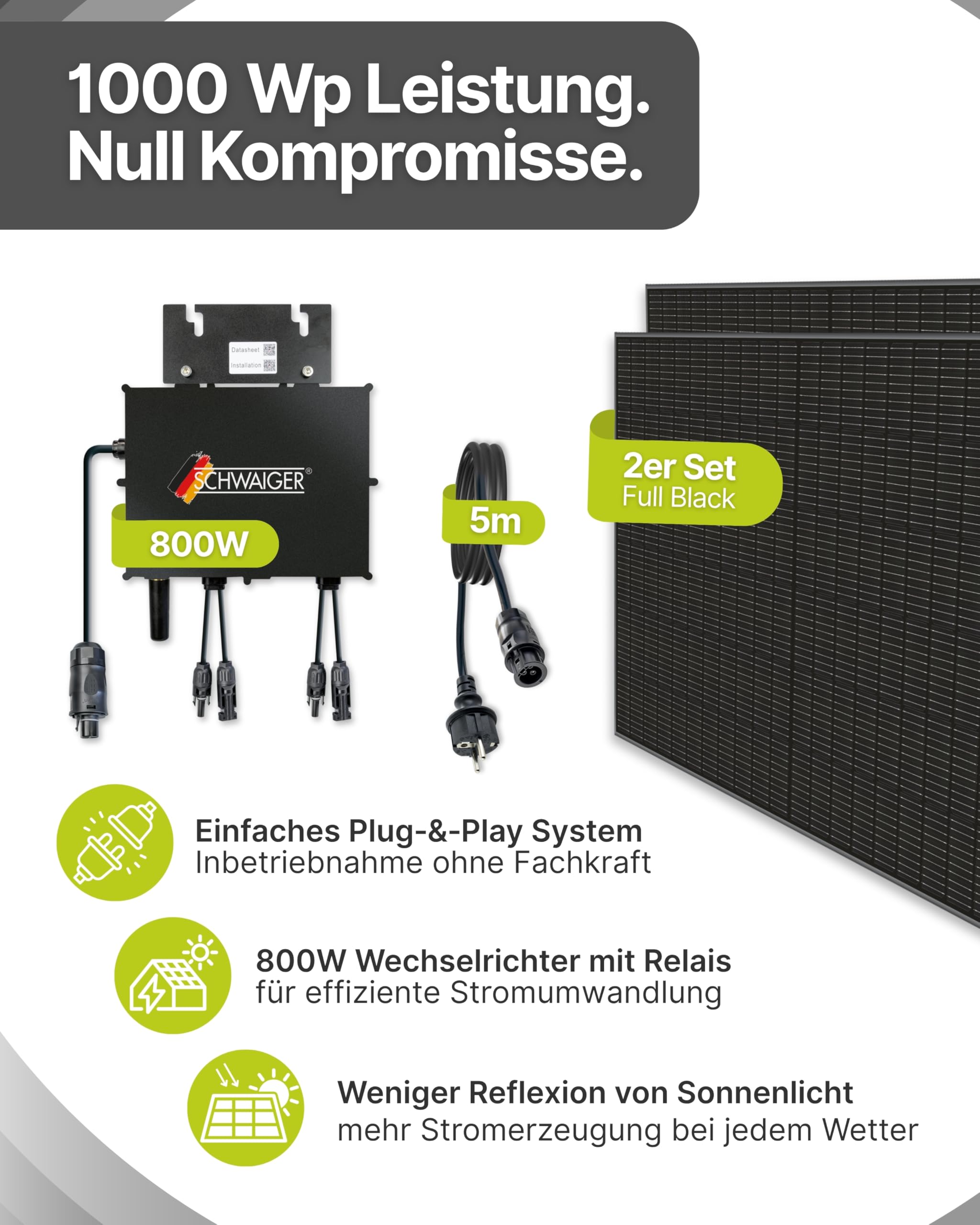 SCHWAIGER Balkonkraftwerk 2er Set mit Full Black Solarpanels 1000Wp I 2×500Wp Solarmodule inkl. Alu‑Ständer, 800W WiFi‑Wechselrichter & 5m Kabel I Plug & Play Solaranlage für Balkon & Garten