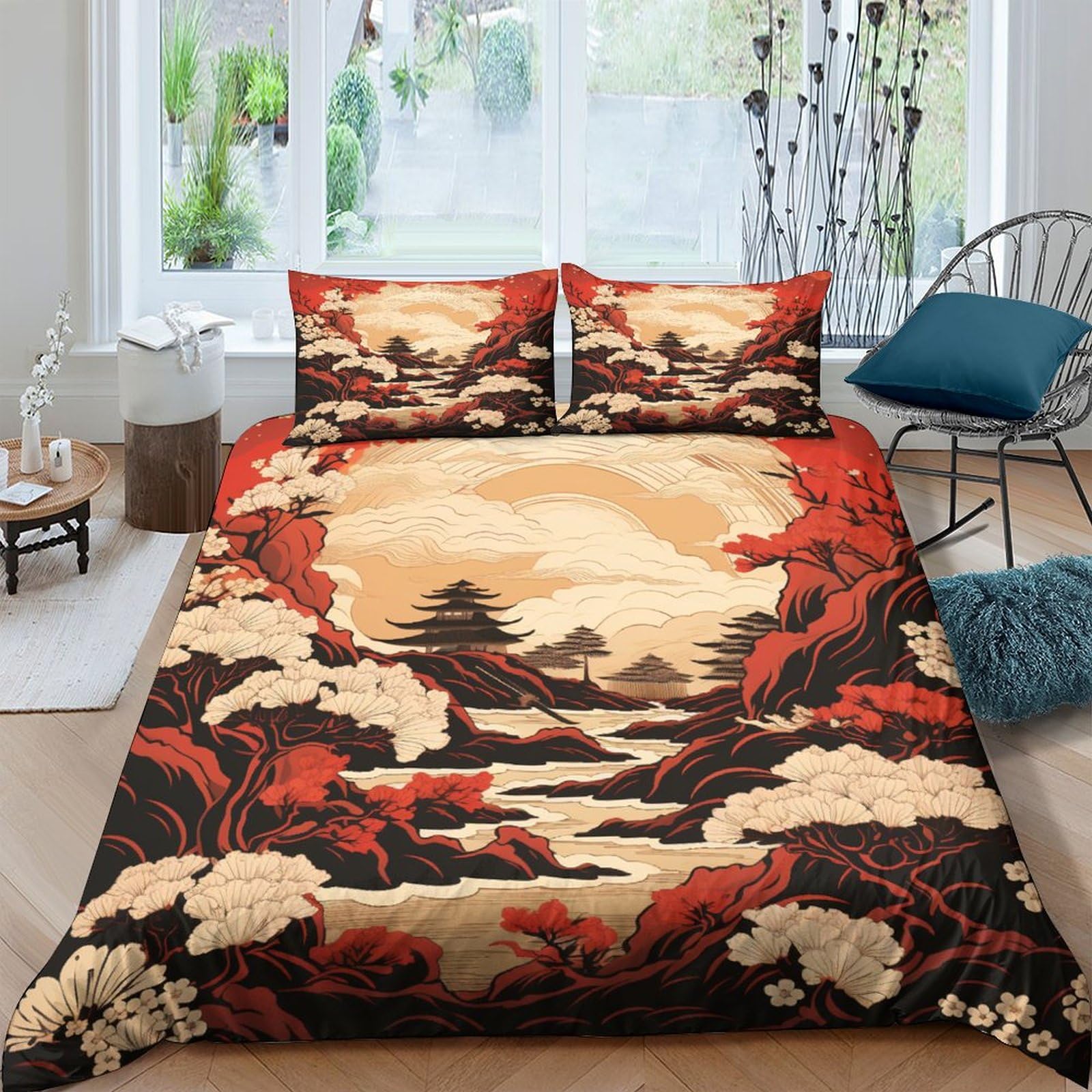 Housse de couette 3D paysage japonais parure de lit microfibre avec fermeture éclair