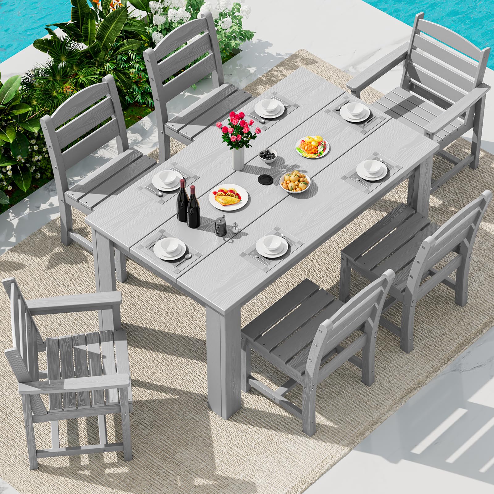 SERWALL 59" Outdoor Dining Set for 6, Light Gray
