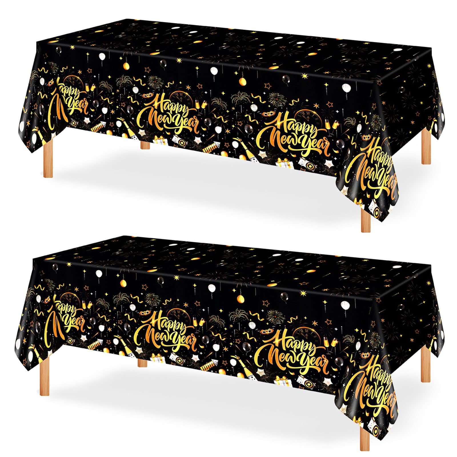 PHOGARY 2026 New Years Eve Decorations Tablecloth 2 Pack, 130 * 274CM Rectangle Black and Gold NYE Tablecloths, Disposable Plastic Table Cover New Year's Eve Party Supplies Table Decor
