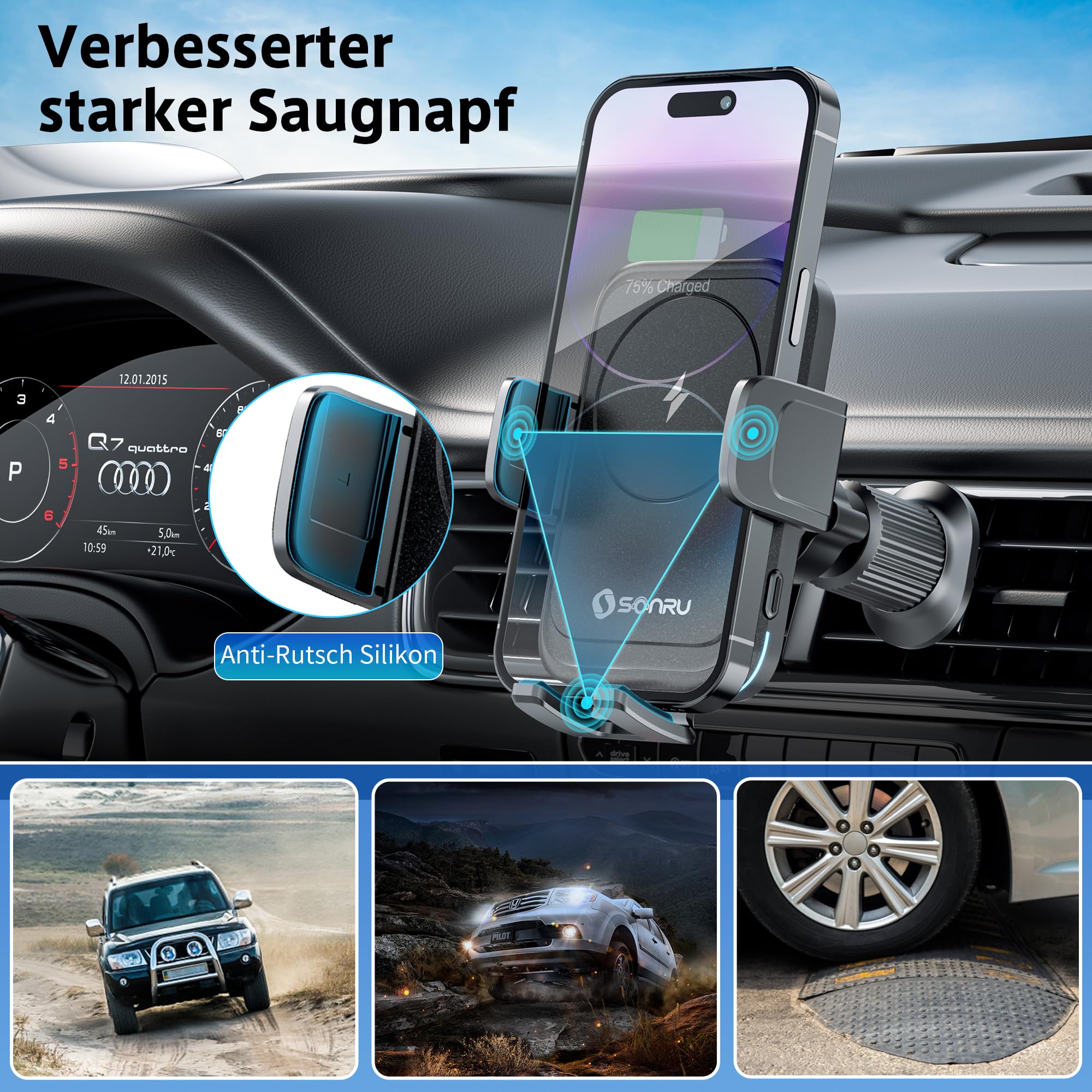 SONRU Handyhalterung Auto mit Ladefunktion,15W Kfz Handyladestationen Handy Halterung Auto Induktives Laden,Handyhalterung Auto Lüftung Saugnapf für Samsung iPhone LG Google Pixel