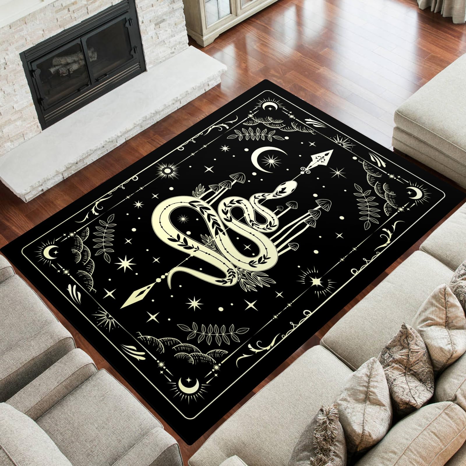 Moon and Snake Boho Area Rug, Non Slip Bohemian Design Rugs for Bedroom Living Room, Gothic Style Stars Floor Mat Pad Area Carpet Home Decor, Black