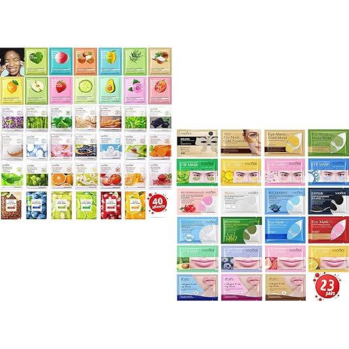 Meleell Juego de 40 mascarillas de colágeno para el cuidado de la piel y 23 pares de mascarillas para el cuidado de la piel y máscara de labios para