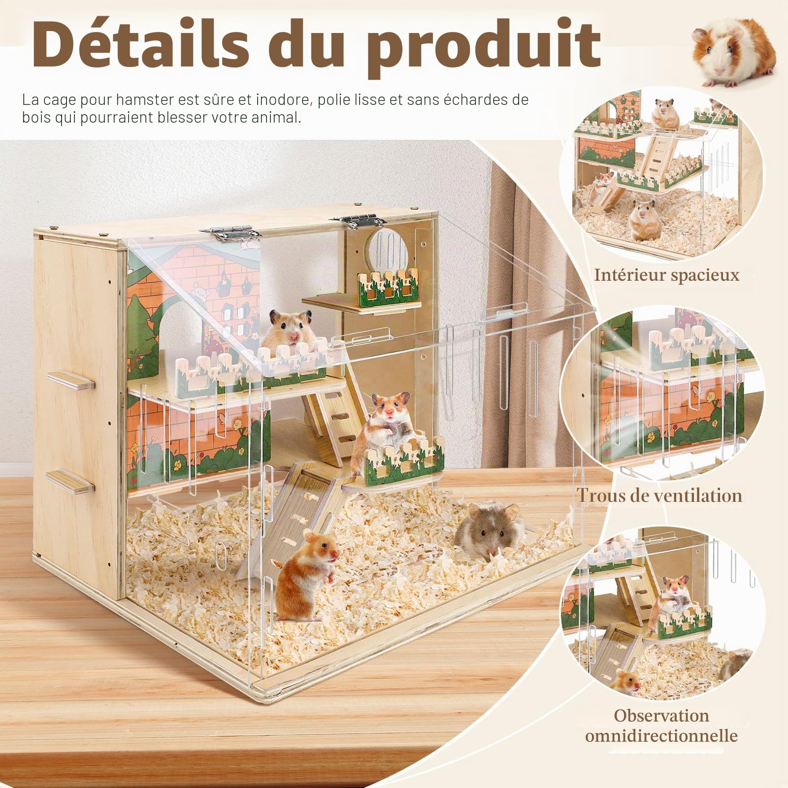 Habitat en bois pour hamster nain, grande cage pour hamster en acrylique, cage spacieuse pour gerbille naine, habitat de qualité supérieure pour hamster nain avec système de ventilation (40 x 30 x 30