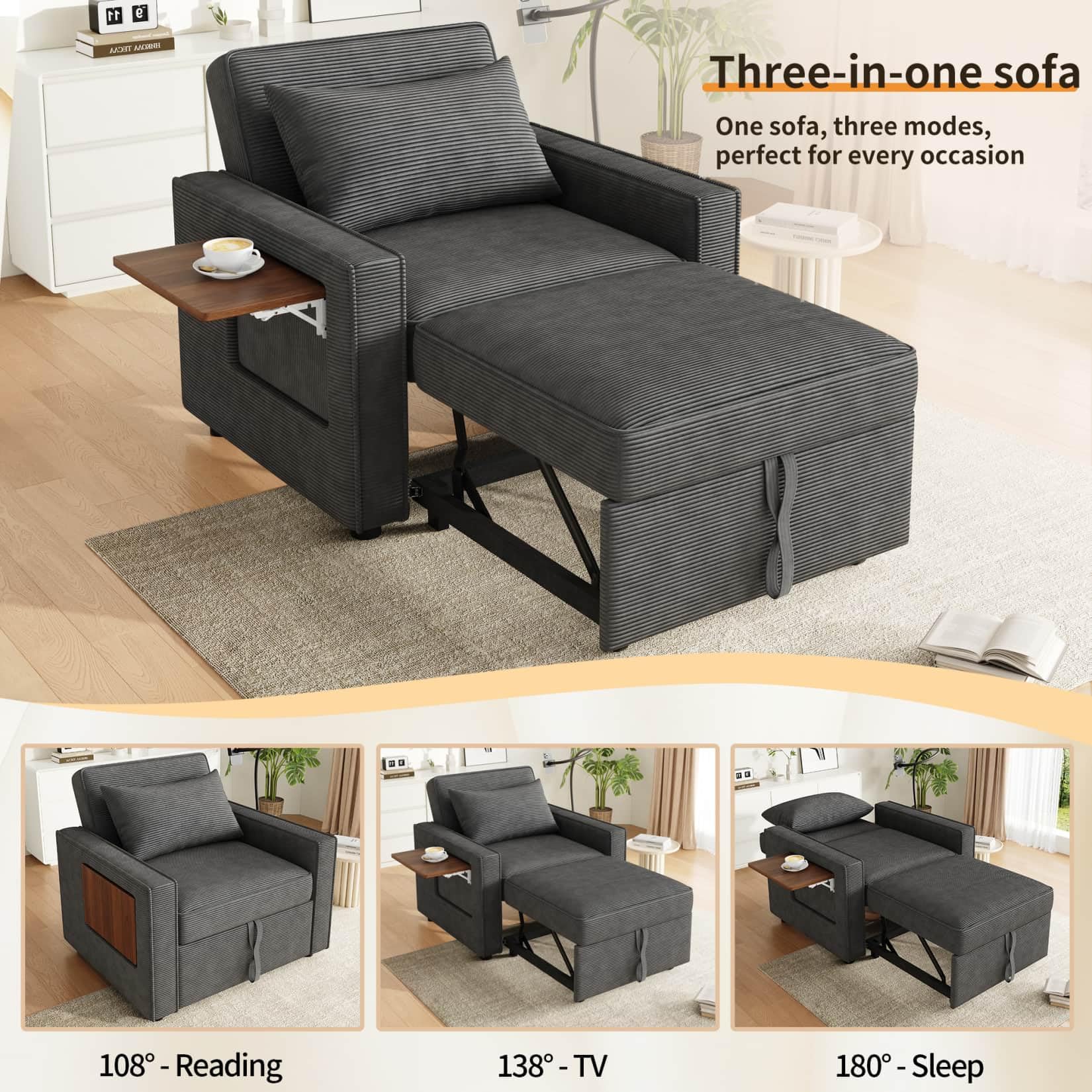 Canapé 1 Place Convertible avec Table d'appoint,Fauteuil Relax,Petit Canapé Lit Pliable,Chaise Longue,avec Port USB et Support pour Téléphone Portable (Gris-Velours côtelé-1)