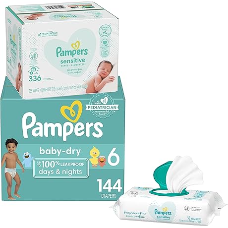 Pampers Baby Dry Diapers, Size 6, 144 Count & Baby Wipes Sensitive,...