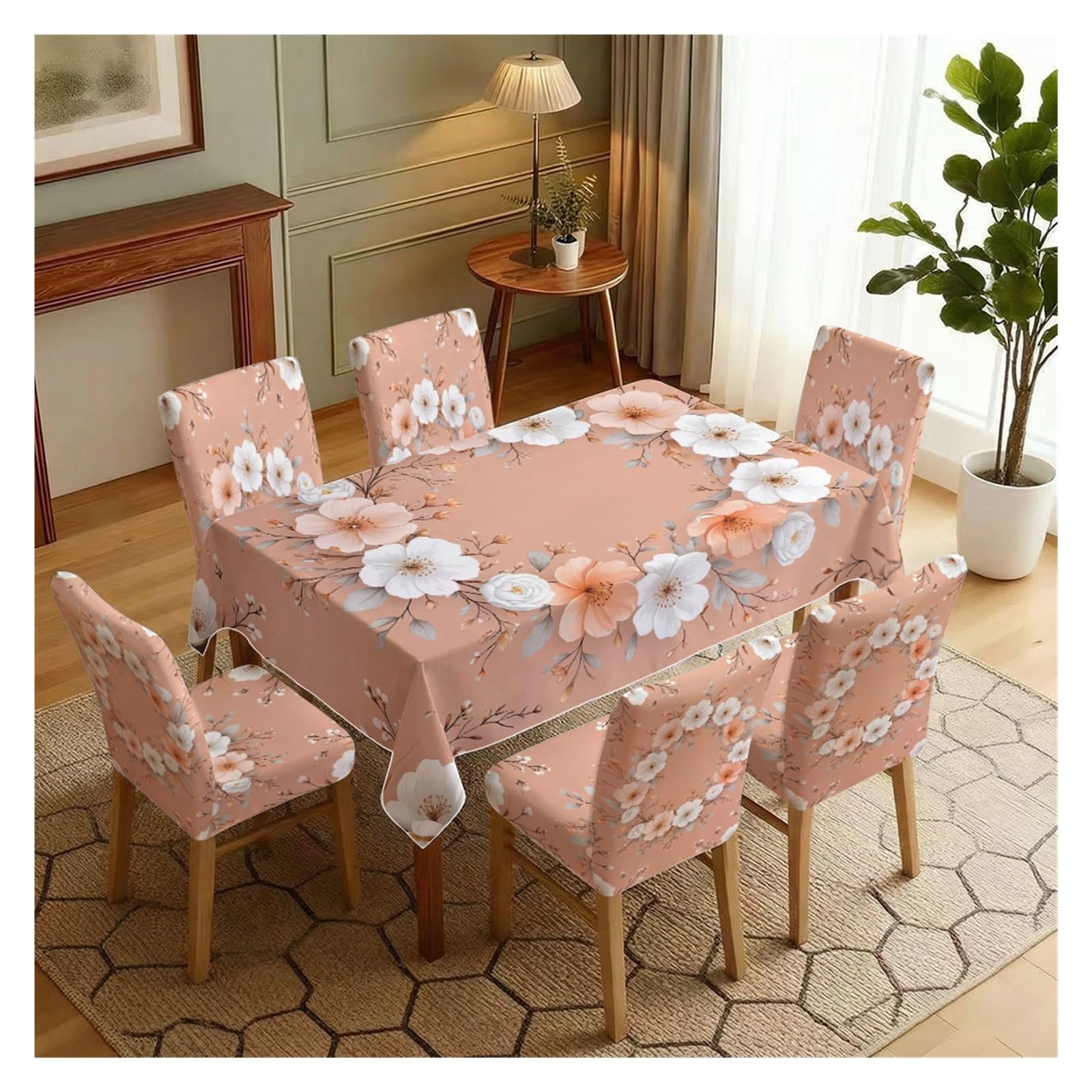 KXUAUV Peach & White Cherry Blossom Stretch Chair Covers & Tablecloth Set, For Dining Room Kitchen Bridal Shower Spring Party Decor, 5/7 Pack Party Decor(7pcs Set: Tablecloth+Chair Covers)