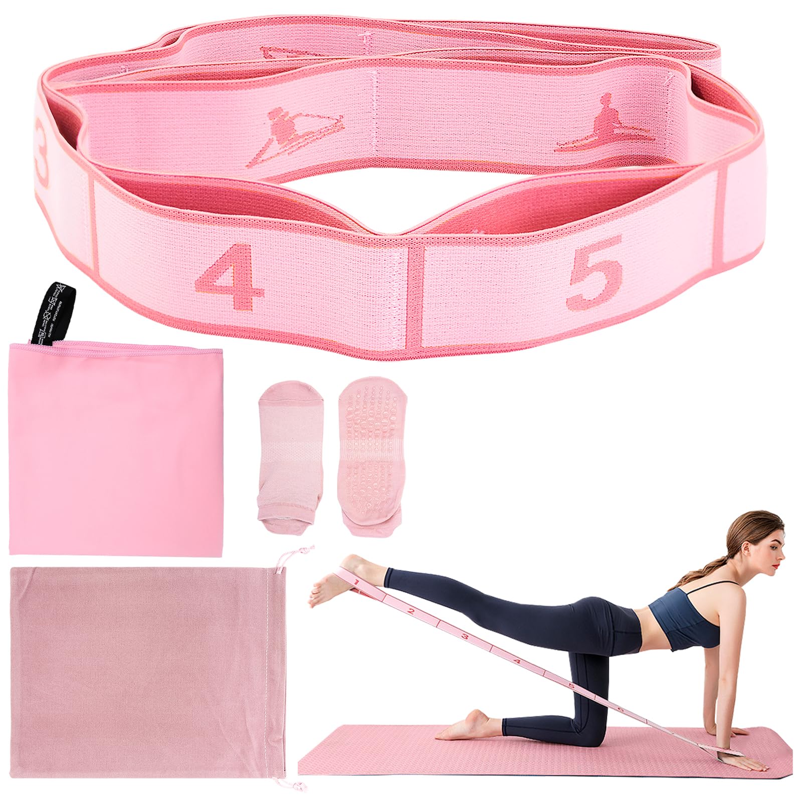 Yoga Set mit 8 Widerstandsstufen – 90cm Yoga Gurt Band mit Motiv, Inkl. Handtuch, Anti-Rutsch Socken & Tragetasche – Für Stretching, Pilates, Fitness