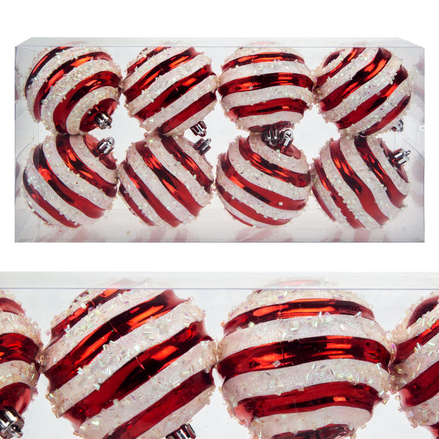 Vfm E-Store White,Gold,Red,Silver Vfm - Baubles Red & White 8Cm Stripe Baubles Candy Cane (8 Pack) - Christmas Tree Decorations