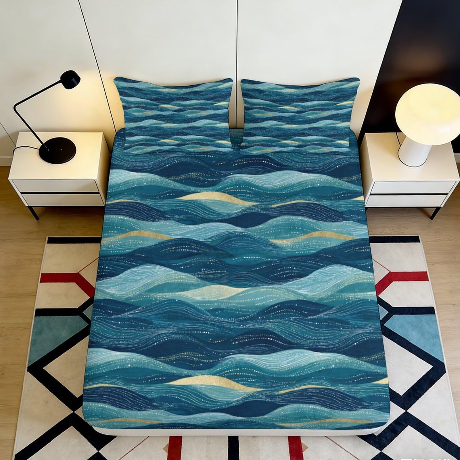 3D Printed Ocean Wave Fitted Sheet Microfiber Soft Blue Abstract Water Mattress Cover for Bedroom Guest Room Decor 120x200x25cm