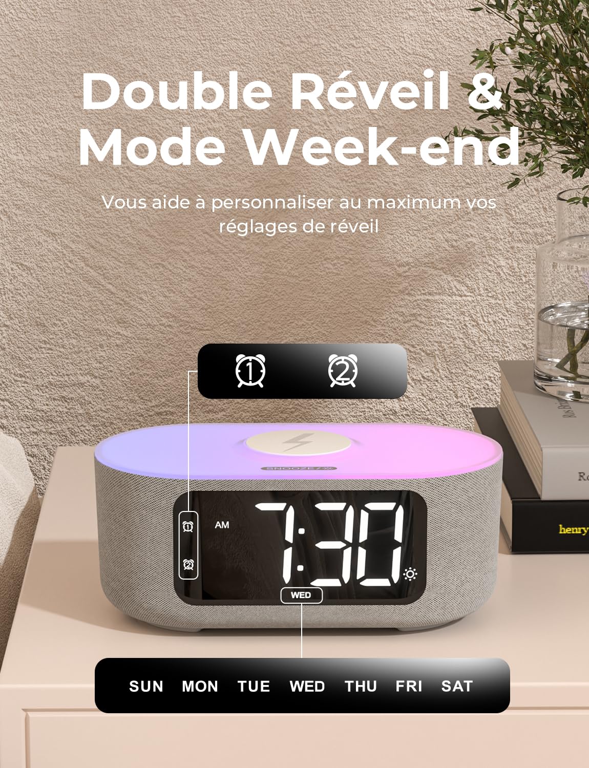 LIORQUE Radio Réveil Bluetooth avec Chargement sans Fil Qi 15W, Réveil Connecté avec Écran LED et 5 Luminosités Réglage, Auto Dimmer, 2 Alarms, Mode Week-End, Sommeil Sonore, Affichage Semaine