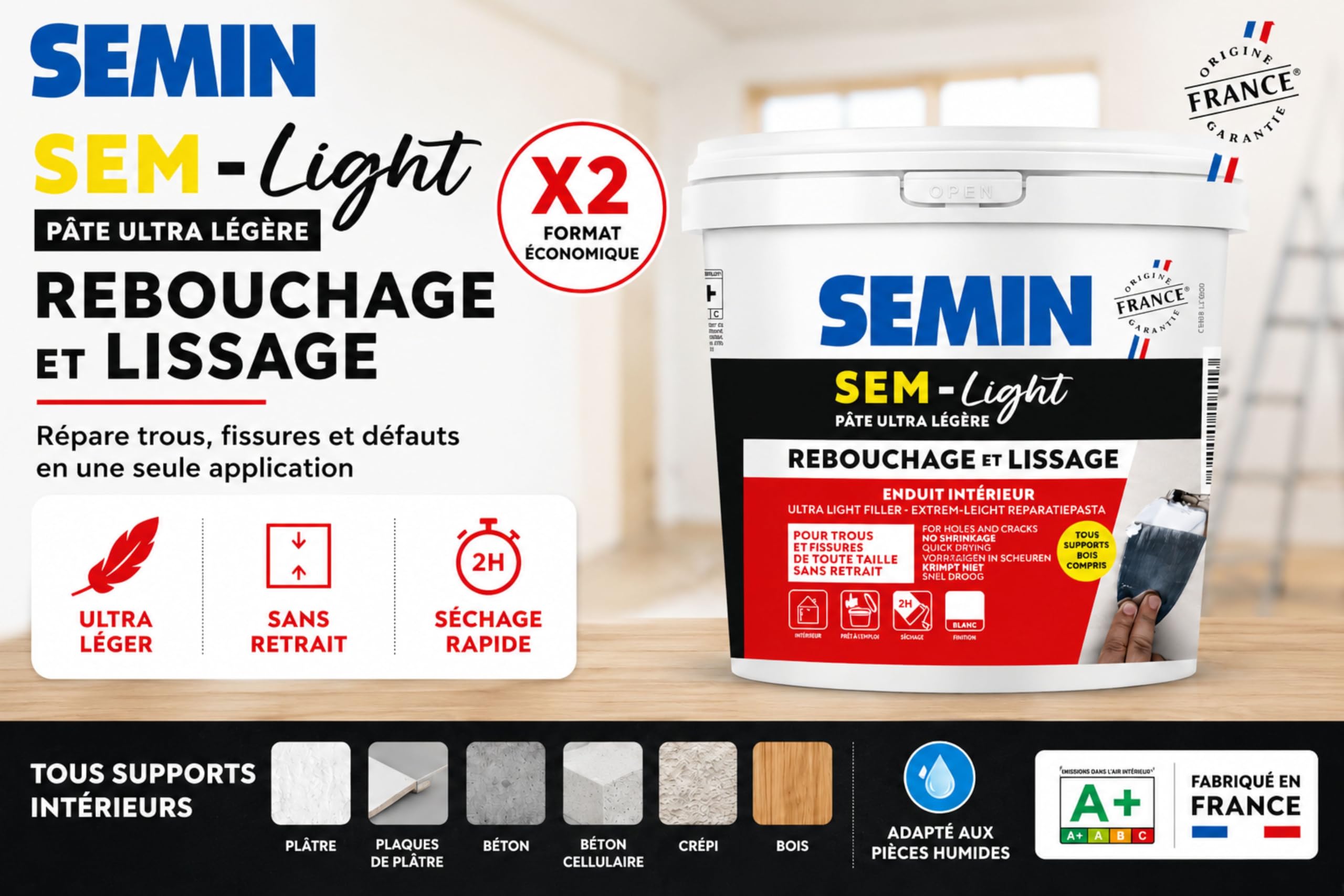 SEMIN SEM-LIGHT Enduit Léger de Rebouchage et Lissage –2 x 5 L – Sans Retrait, Séchage Rapide – Réparation Trous et Fissures – Intérieur Murs et Plafonds – Blanc Mat Prêt à l'Emploi