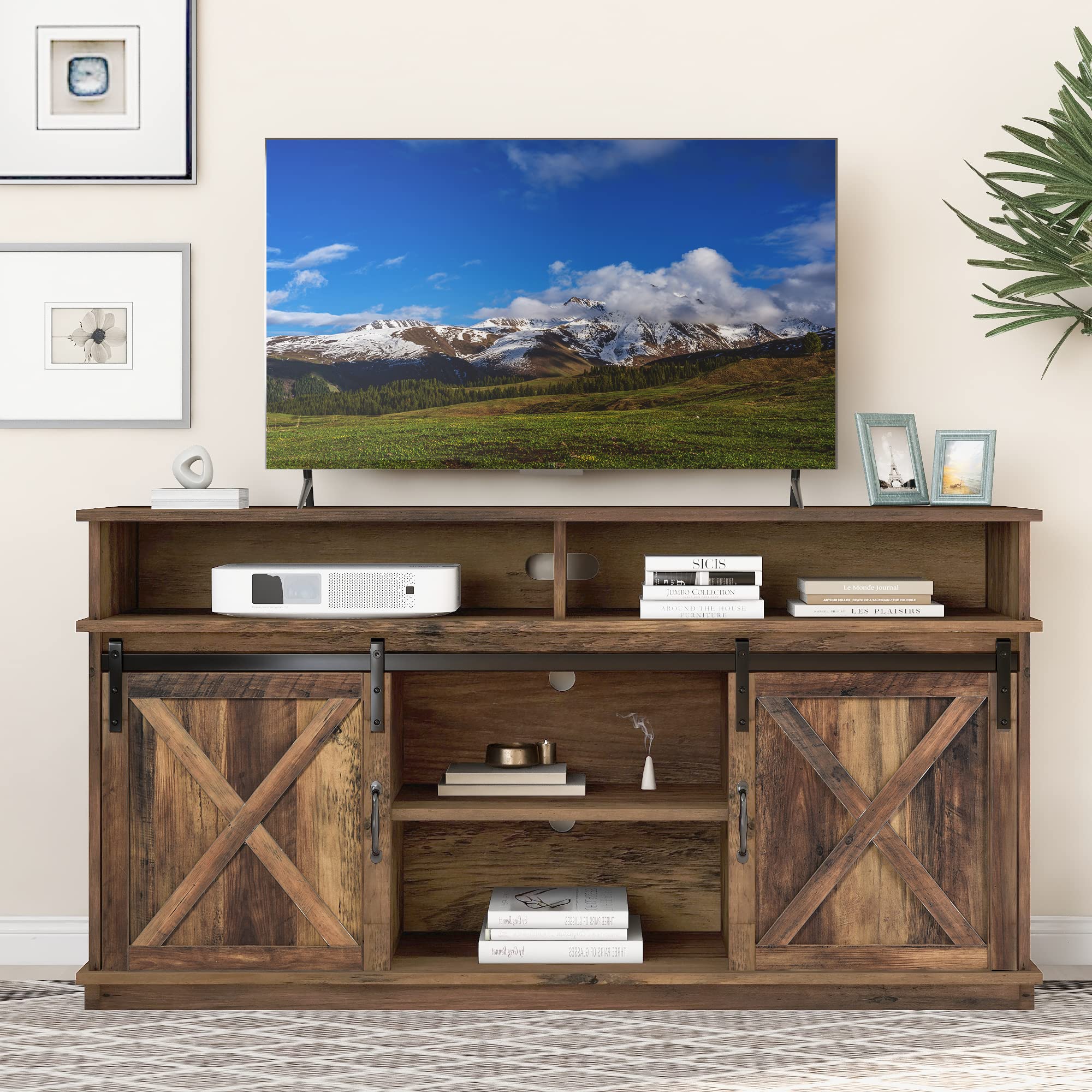 KAZZIO Grande mobile TV, credenza, centro intrattenimento con 2 classiche ante scorrevoli, ripiani regolabili per soggiorno, sala da pranzo, design fattoria, 148 x 40 x 78 cm