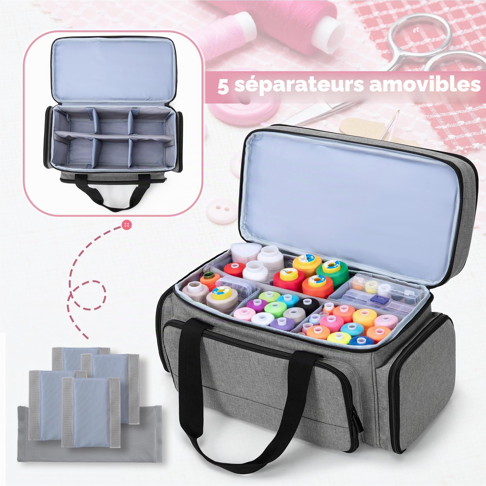 Luxja Grand Sac Organisateur de Couture à 2 Couches avec 5 Séparateurs Amovibles, Sac de Rangement de Couture pour Fournitures de Couture, Boite a Couture (Sac Seulement), Gris