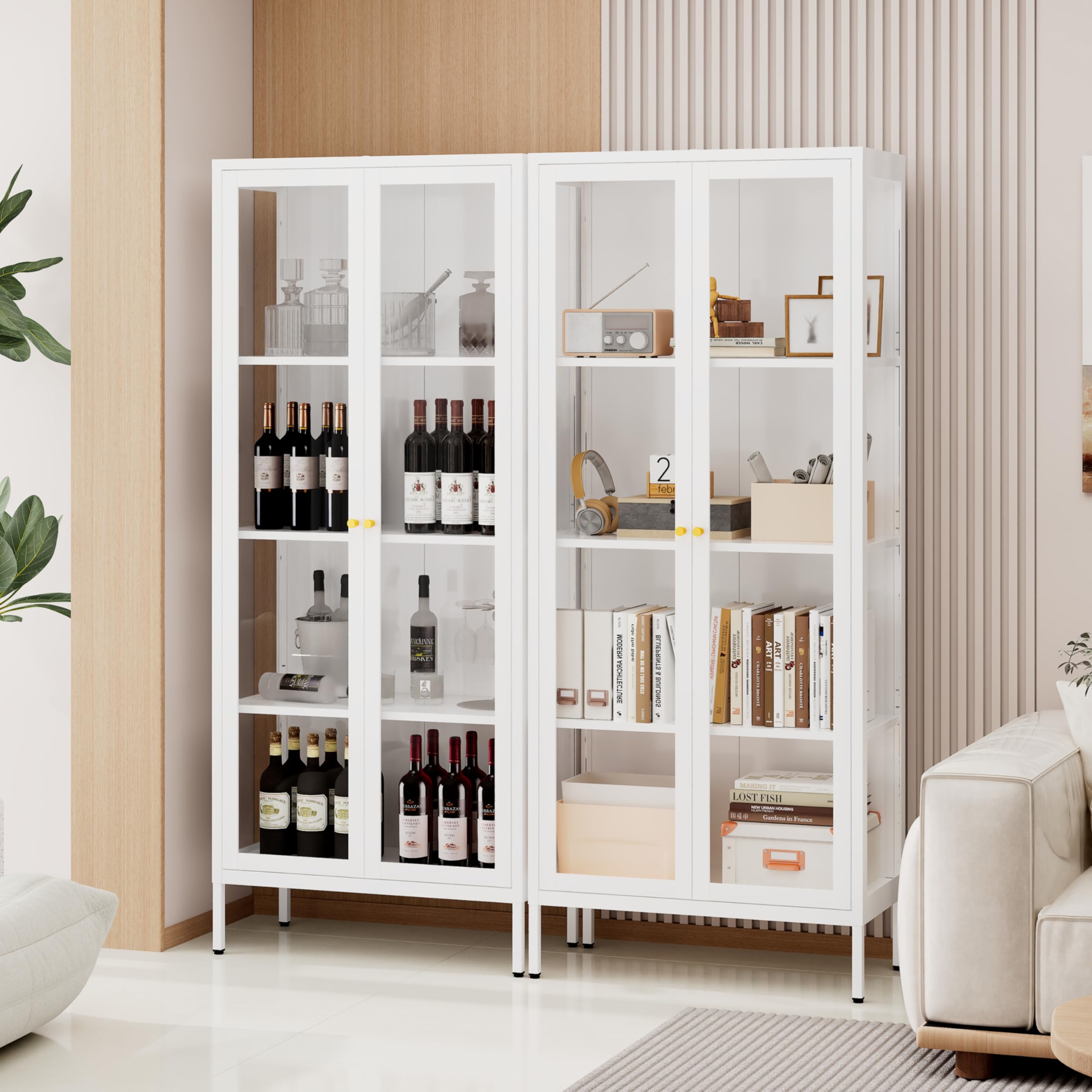 Vitrine mit Glastüren, 168x70x35cm Glasvitrine Stehend mit 3 höhenverstellbaren Fachböden, Vitrinenschrank Sammlervitrine Glasschrank für Wohnzimmer Schlafzimmer Wein Büro, Weiß