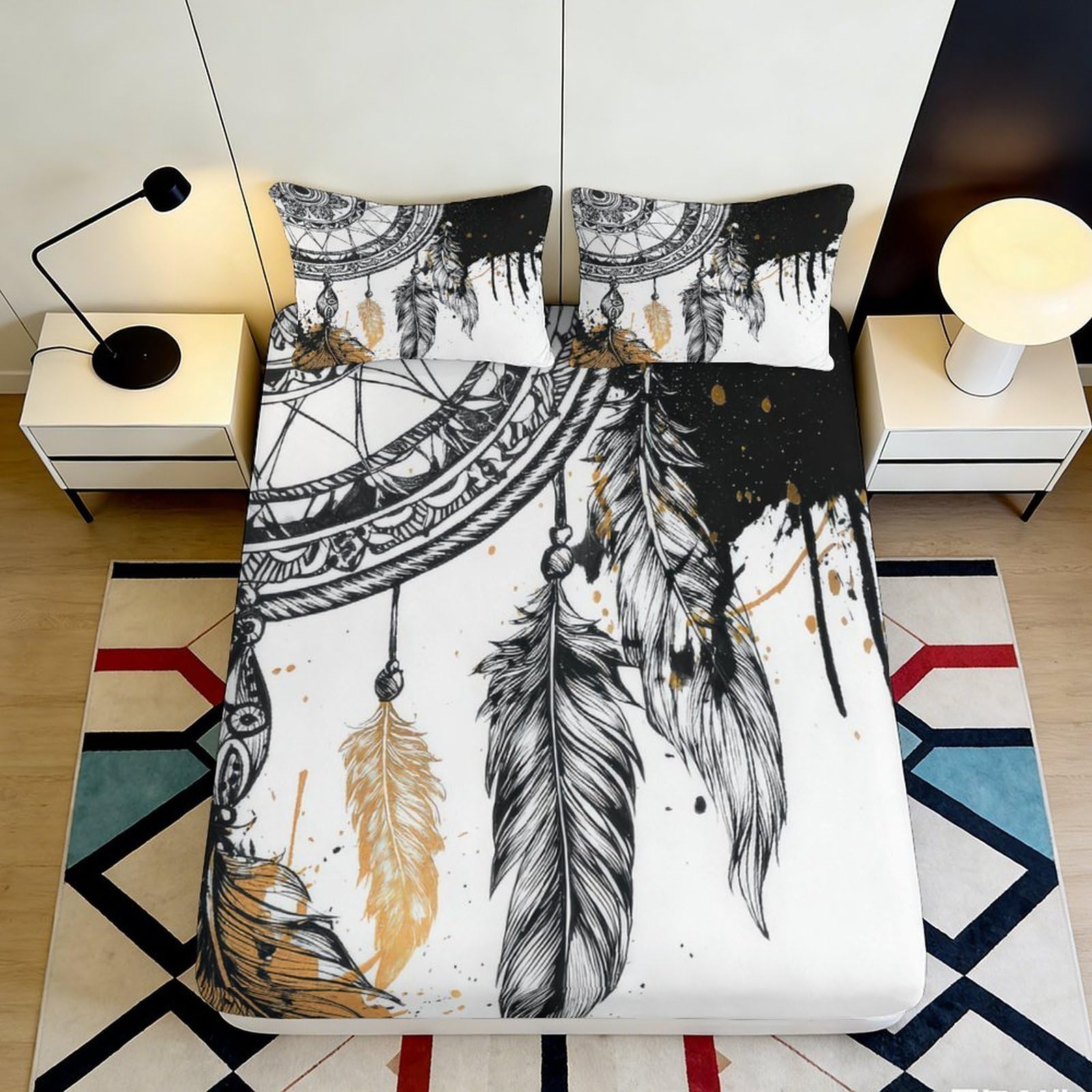 3D Printed Dreamcatcher Feather Fitted Sheet Microfiber Black Gold Boho Mattress Cover for Bedroom Guest Room Decor 140x200x25cm