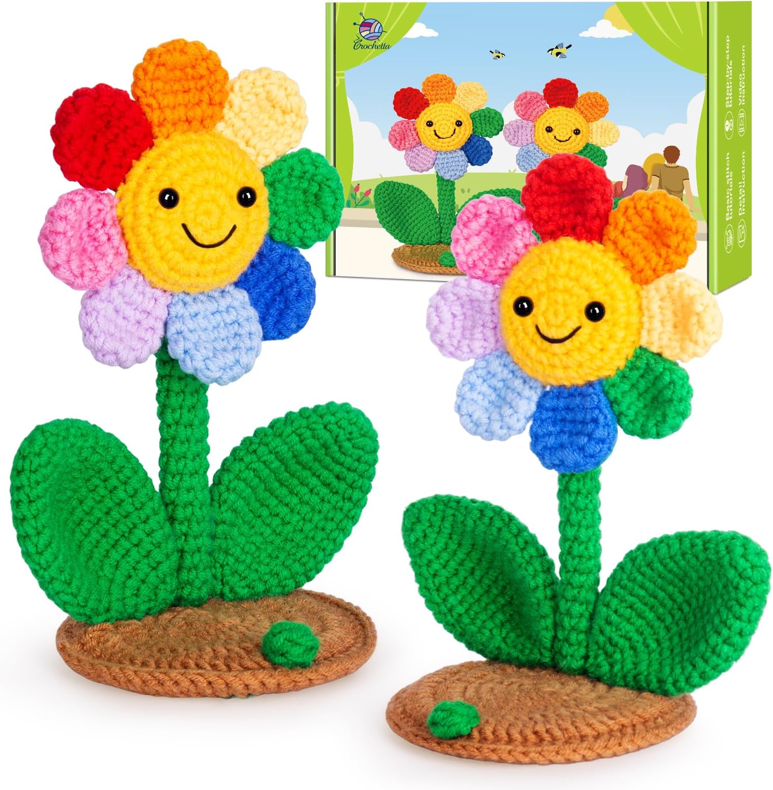 Crochetta Crochet Kit for Beginners, Crochet Kit w Step-by-Step Video Tutorials, Crochet Starter Kit Learn to Crochet Kits for Adults Kids Beginners, 2 Sunflower Phone Holders (40%+ Yarn Content)