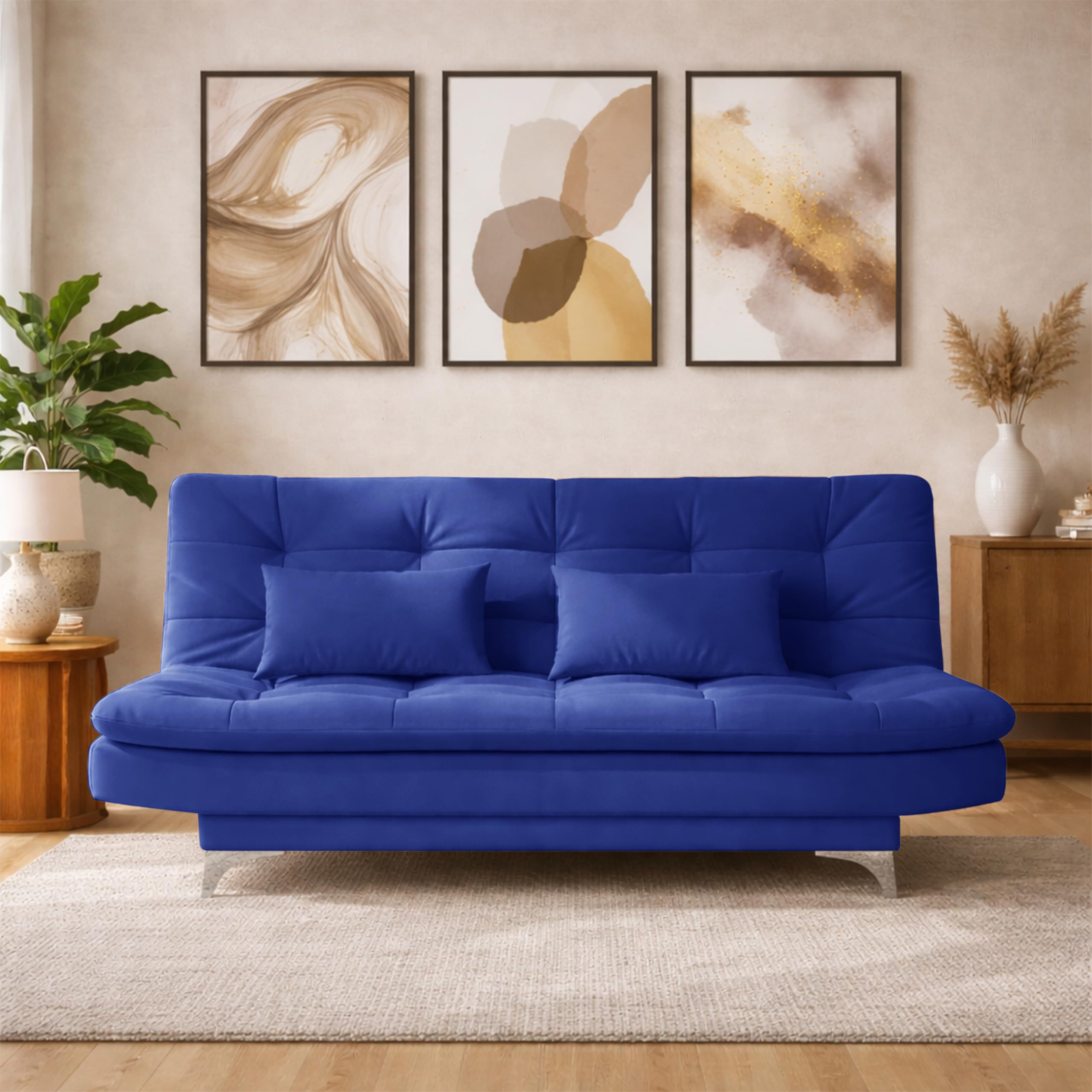 Ministry of Décor-Modern 3 Seater Sofa Cum Bed with Cushions, Foldable Convertible Couch, Velvet Fabric Sleeper Sofa for Living Room, Guest Room, Blue