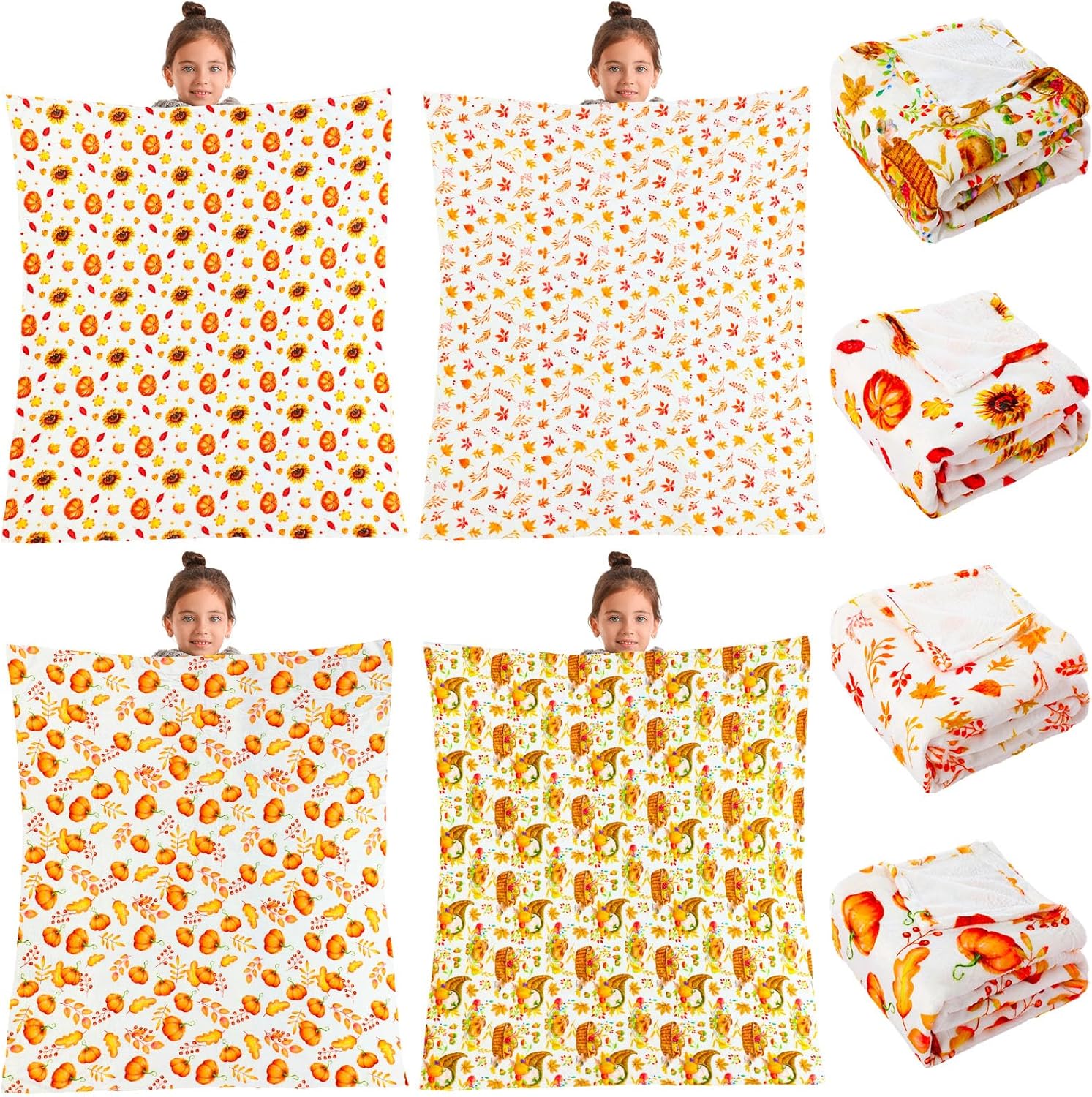Fanfanwin 4 Pack Fall Thanksgiving Blanket 50''x60 Pumpkin Throw Blanket Maple Leaf Autumn Harvest Flannel Blankets Warm Lightweight Soft Cozy Thanksgiving Fall Plush Blankets for Couch Sofa Bedroom