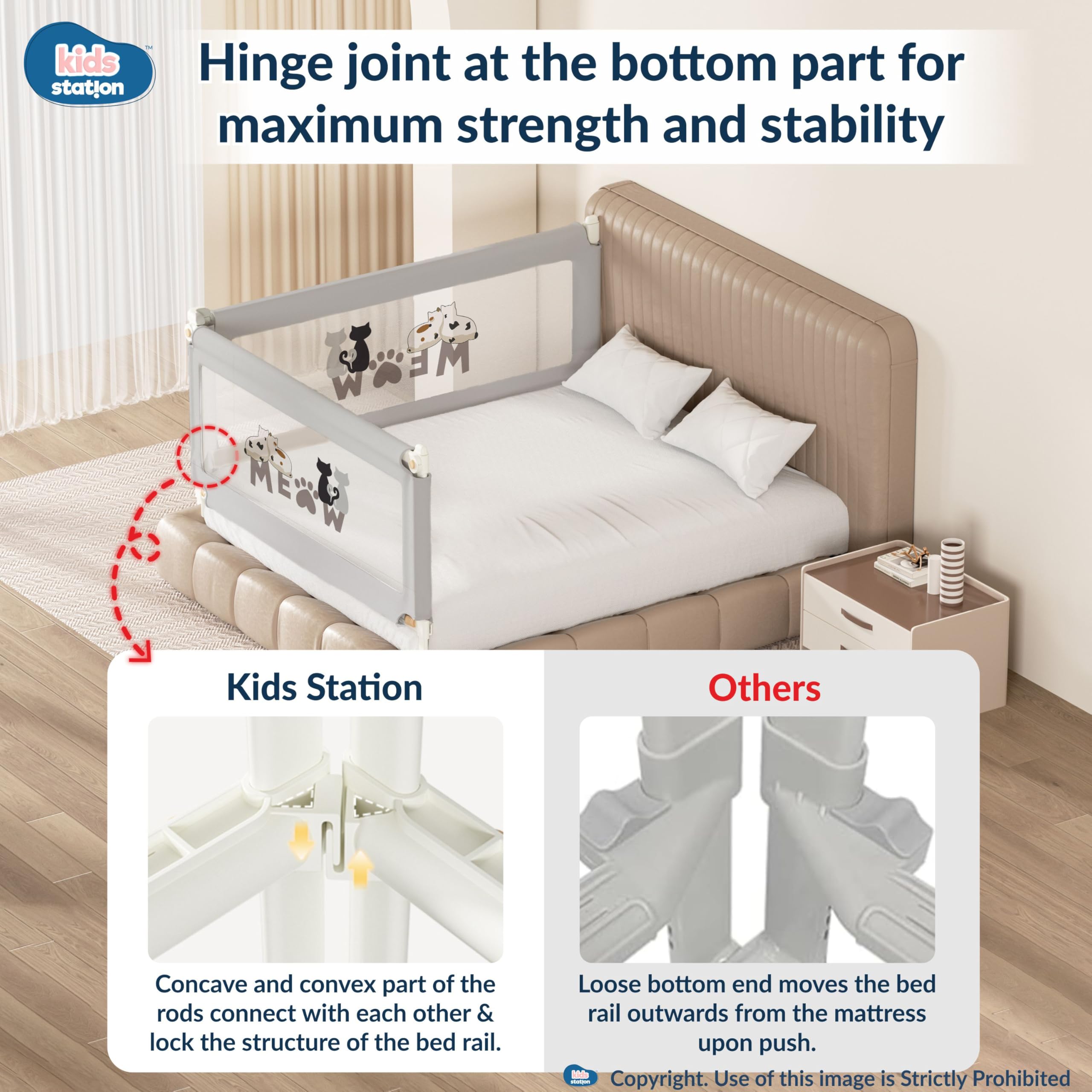 Kids Station Comfy Baby Safety Bed Rail – Foldable & Portable Guard Rail with 28-Level Adjustable Height (80cm) – 6.6ft x 6ft (200x180cm), 2 Side Fence – Made in India (Grey, Basic) - Image 3 thumbnail