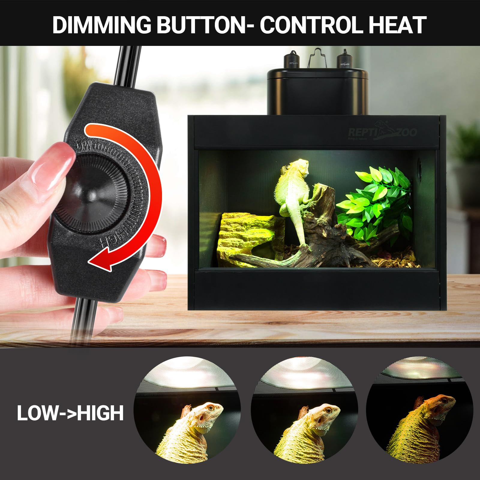 REPTI ZOO Dual Reptile Light Fixture with Dimming, Deep Dome Reptile Heat Lamp Fixture, UVB Light Dual Fixture Lamp Cap for Reptile Terrarium Tank - image 3