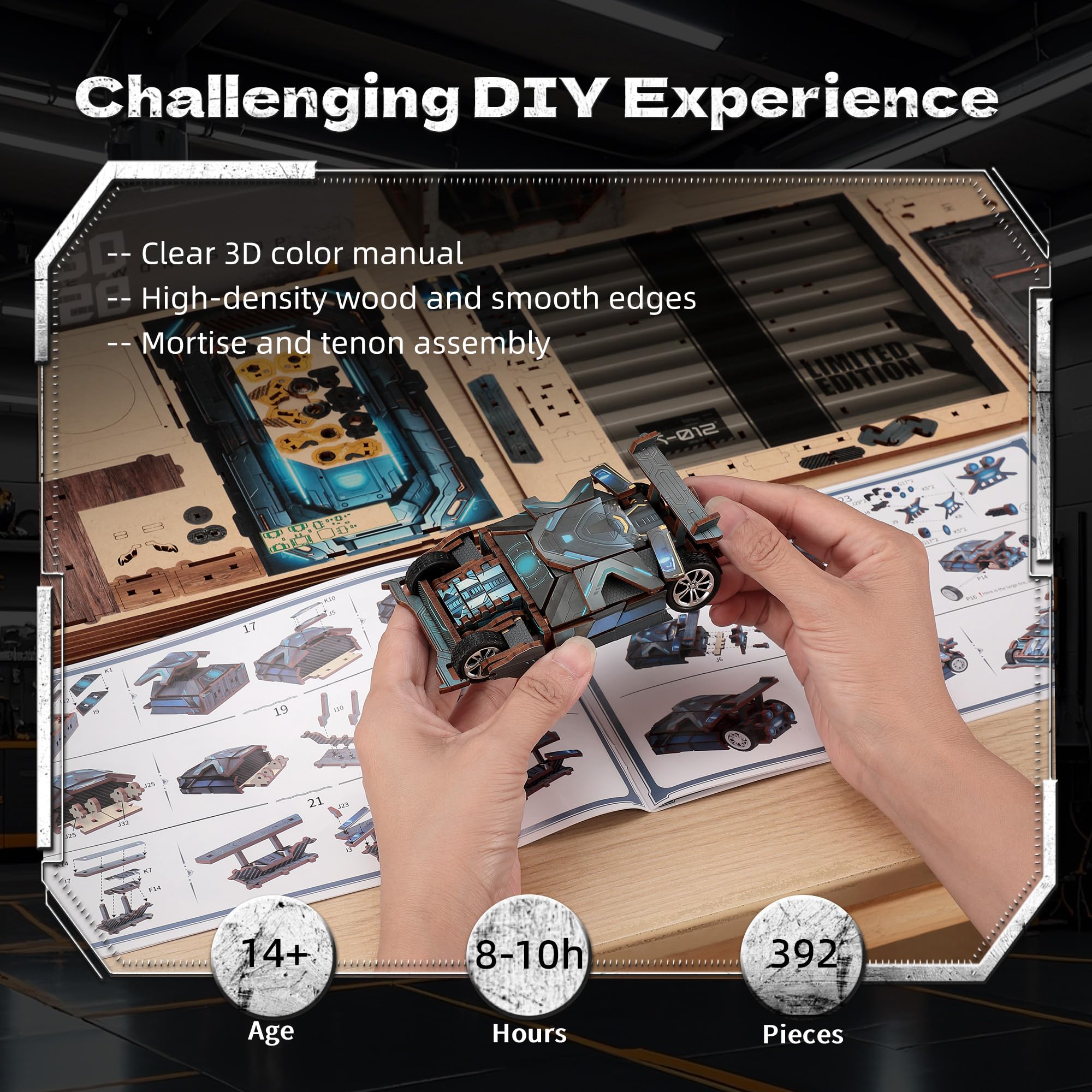 FUNPOLA Puzzle 3D en Bois Book Nook Kit, Maquette en Bois à Construire Atelier Automobile Miniature avec lumières LED, modèle de Garage mécanique pour Adultes (14+)