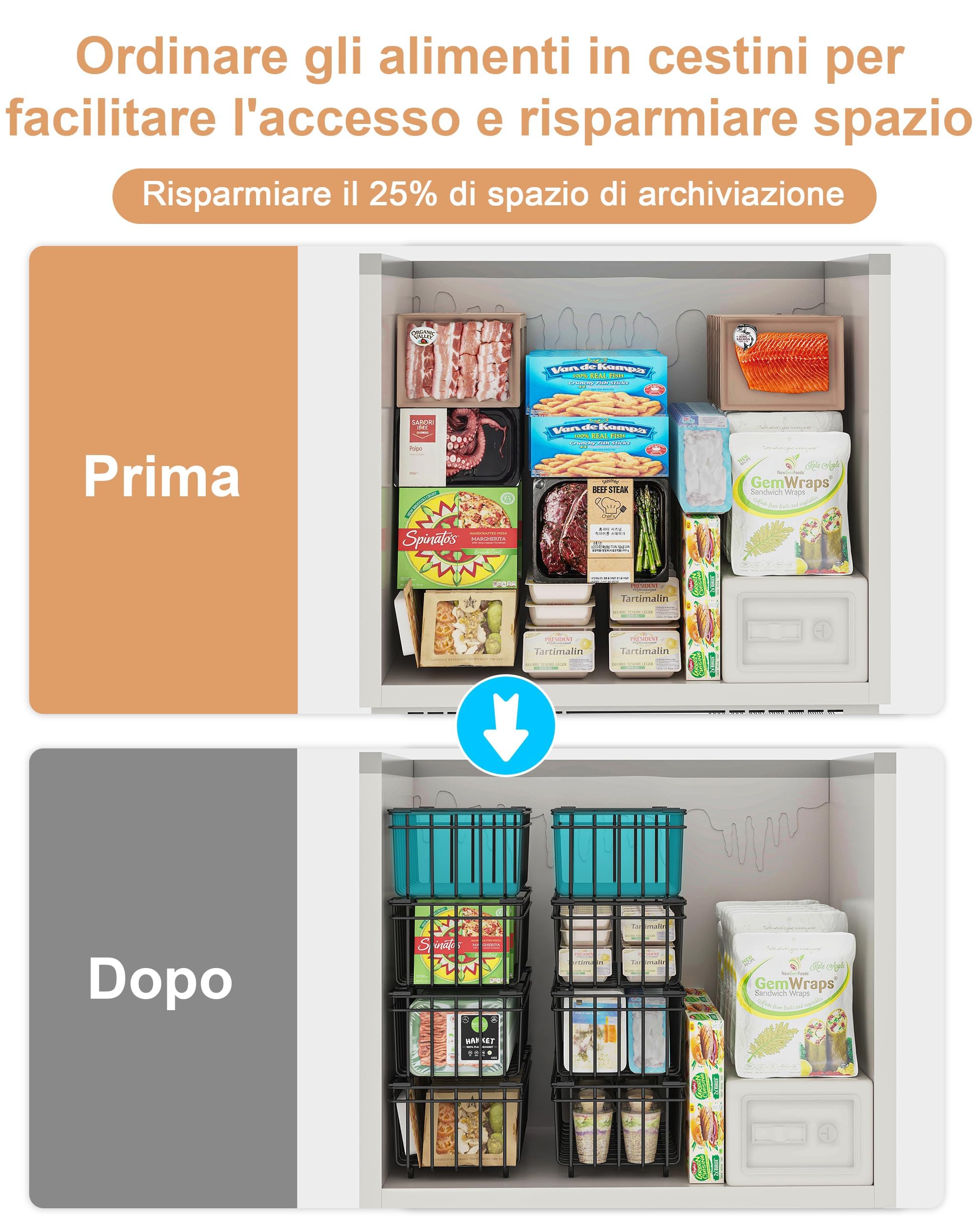 UMDONX 8 pezzi cestini congelatore petto Nero - Maniglia impilabile cestini congelatore, facile accesso, organizzare gli ingredienti congelati (37x18x15cm)
