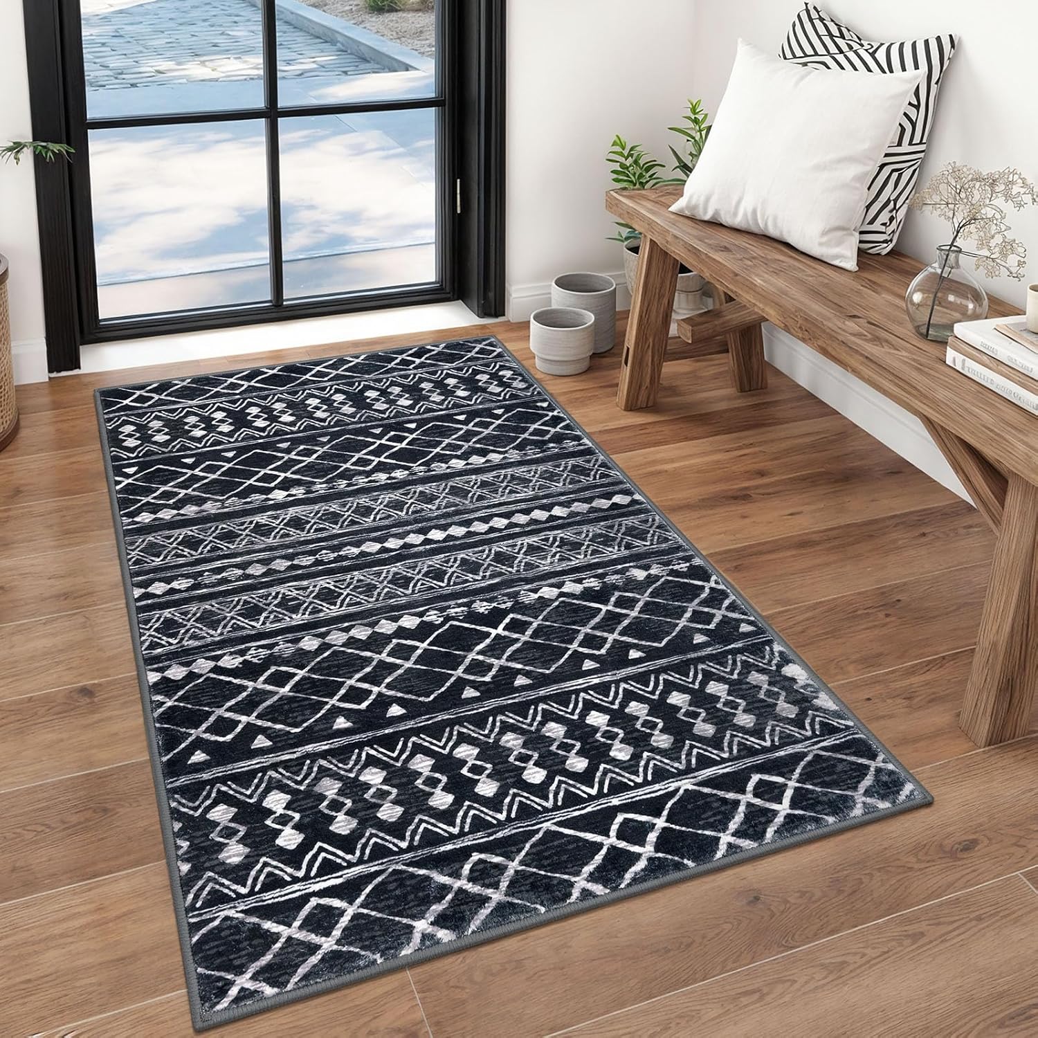 KUTA Boho Moroccan 3x5 Entryway Rug, Black Non-Slip Washable Low-Pile Living Room Area Rug, Ultra Soft Distressed Geometric Print Throw Carpet for Entrance, Bedroom, Nursery, Dorm, Kitchen