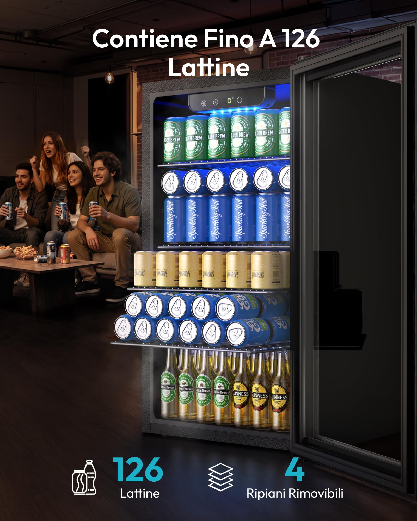 EUHOMY Frigorifero per bevande, mini frigo per 126 lattine con porta in vetro, piccolo frigorifero con ripiani regolabili per limonata, birra o vino, perfetto per casa/bar, ufficio, nero