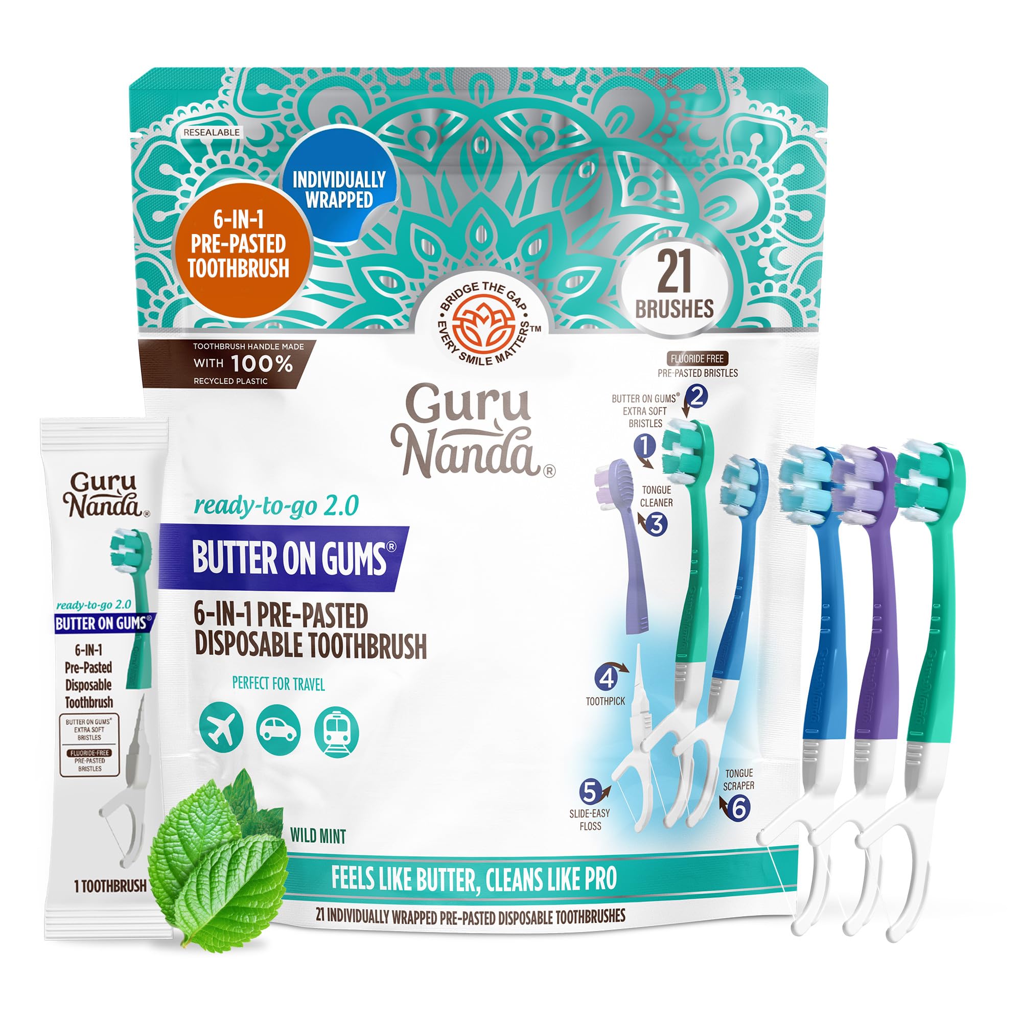 GuruNanda 6-in-1 Ready-to-Go Disposable Toothbrush Pre-Pasted Butter on Gums Softex Bristles Floss Toothpick Tongue Cheek Cleaner Individually Wrapped