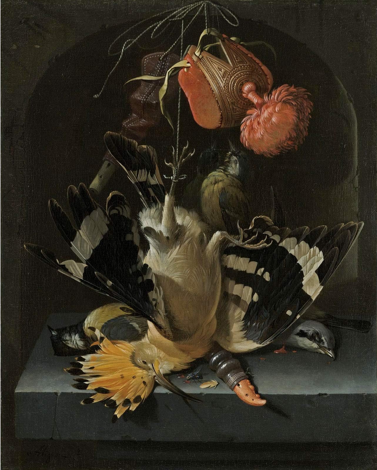 Abraham Mignon Still Life with a hoopoe, a Great tit, a Falconry Hood and a Decoy Whistle Private Collection 24" x 19" Fine Art Giclee Canvas Print Reproduction (Unframed)