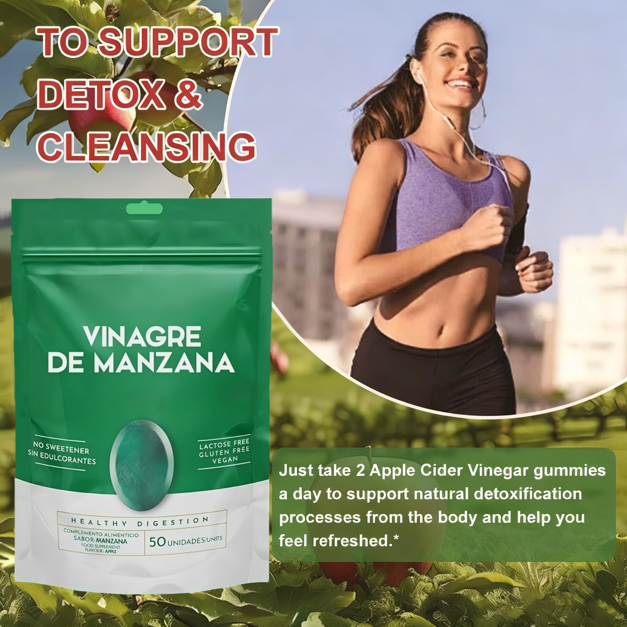Gomidas de Vinagre de Manzana Premium | 50 Gomitas, Dosis Diaria 2 | Sin Azúcares Añadidos