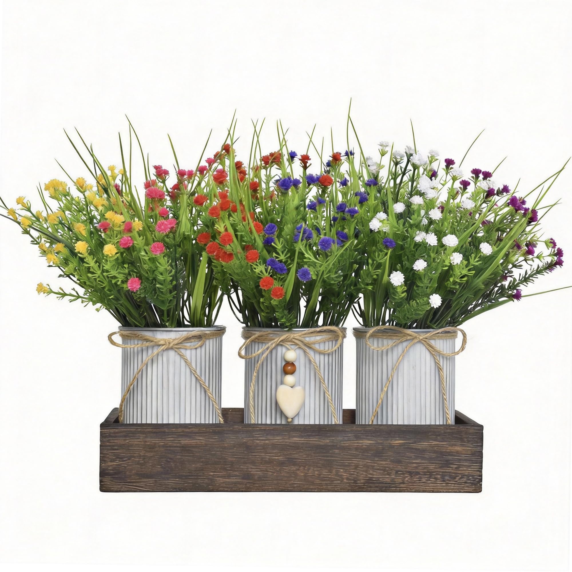 UoYeet Artificial Baby Breaths Table Centerpiece with Wood Try and Metal Pots for Decoration, Rustic Farmhouse Faux Gypsophila Flower Arrangements for Home Kitchen Coffee Table