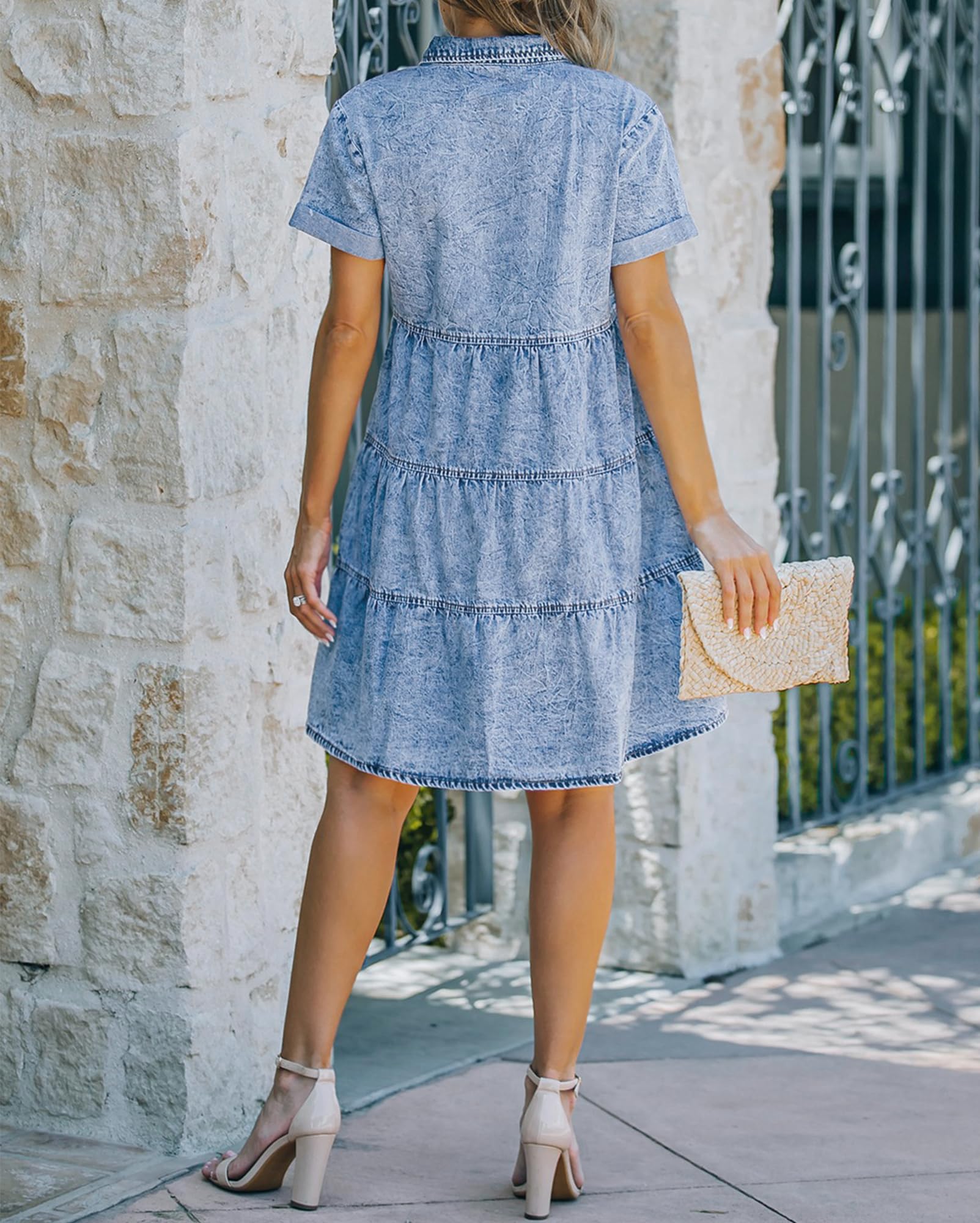 Vetinee Damen Jeanskleid Sommer Kurze Ärmel Button Down Gestaffelt Denim Kleid Freizeitkleider Hemdkleid
