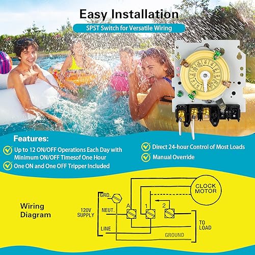 Miniatura 4 de Mecanismo temporizador de bomba de piscina T101M solamente, 120 V 40 A SPST, 2 HP para bombas de piscina, luces, HVAC, calentadores de agua, 12
