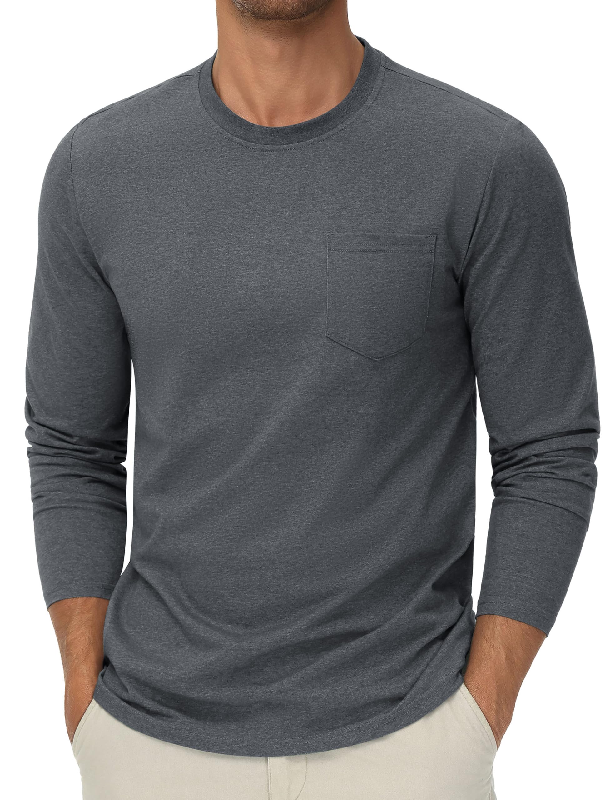 Men's Long Sleeve Tee Shirts Cotton Crew Neck Pocket T Shirts Moisture Wicking Soft Casual Basic Tshirts