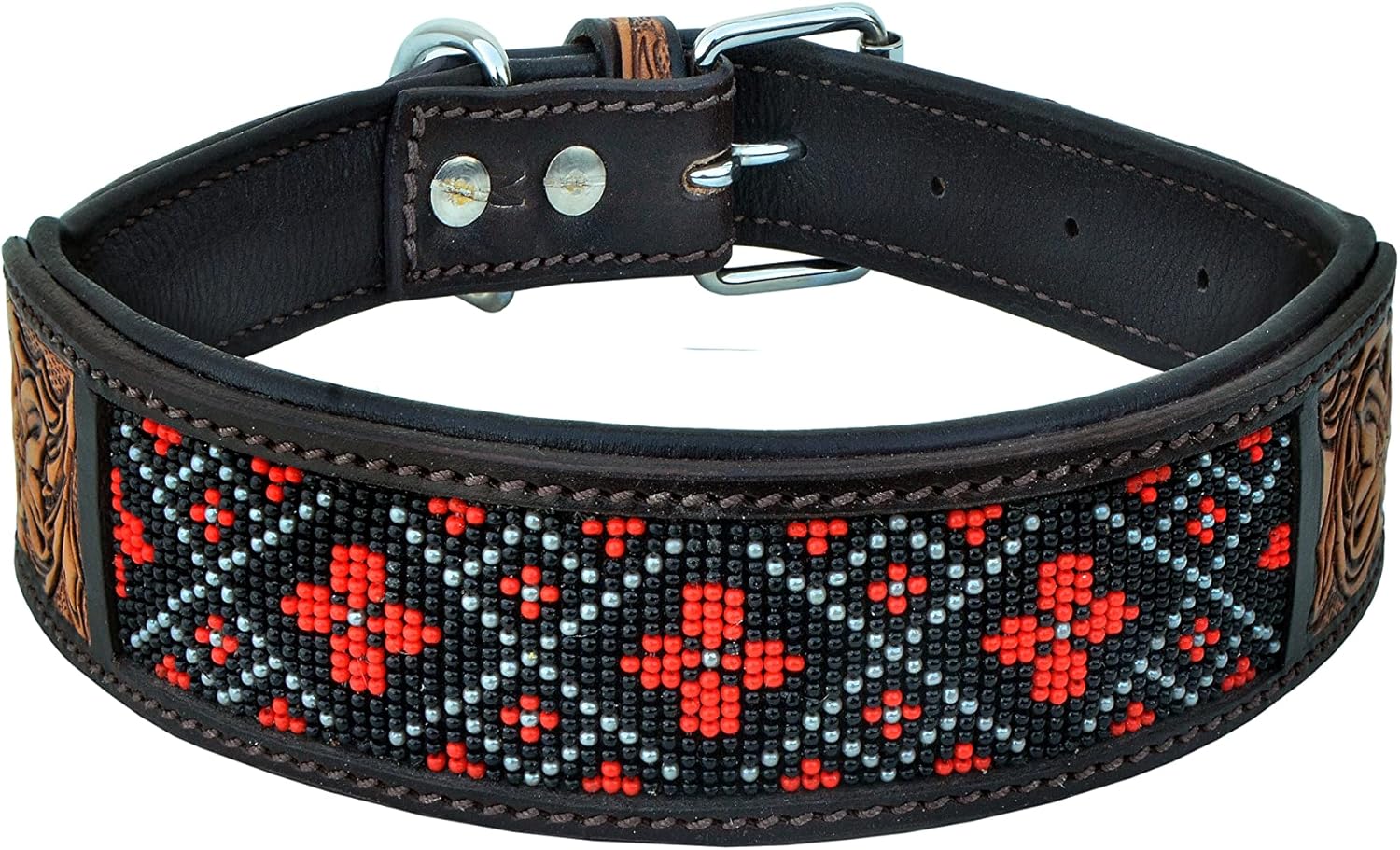Leather Dog Collar Western Style Heavy Duty Hand Tooled Adjustable Beaded and Padded Soft for Puppies and Big Dogs 10AB005