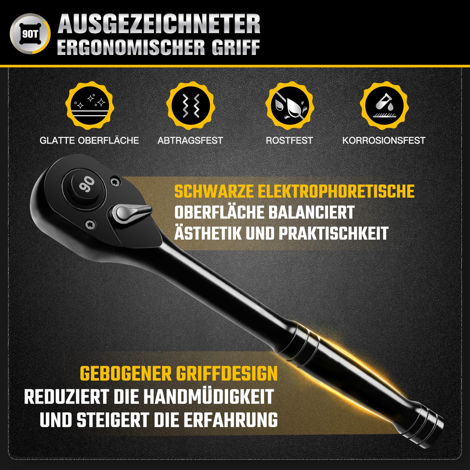 3-tlg. Umschaltknarre 1/4 zoll, 3/8 zoll, 1/2 zoll Antrieb Ratsche Knarre, 90 Zähne Ratschenschlüssel Ratschenset Mit Ergonomischer Griff und Schnellverschluss-Knopf