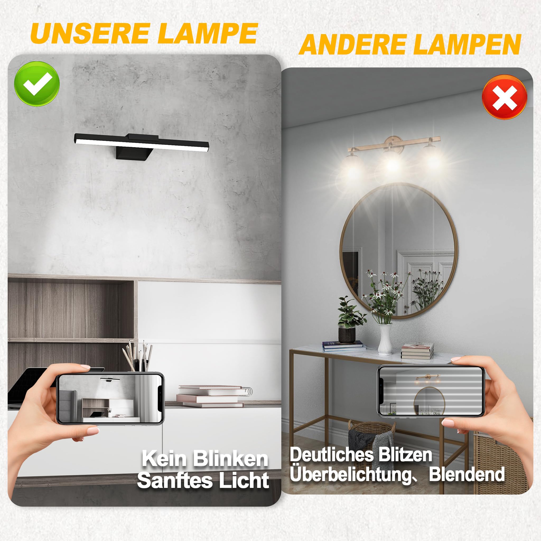 UISEBRT 15W 60cm Spiegellampe Badezimmer, Badlampe Wand, Spiegelleuchte Bad mit 1050LM, Schwarz Badezimmer Lampe Modern IP44 Schrankleuchte für Wandbeleuchtung und Spiegel Beleuchtung, Typ B Warmweiß