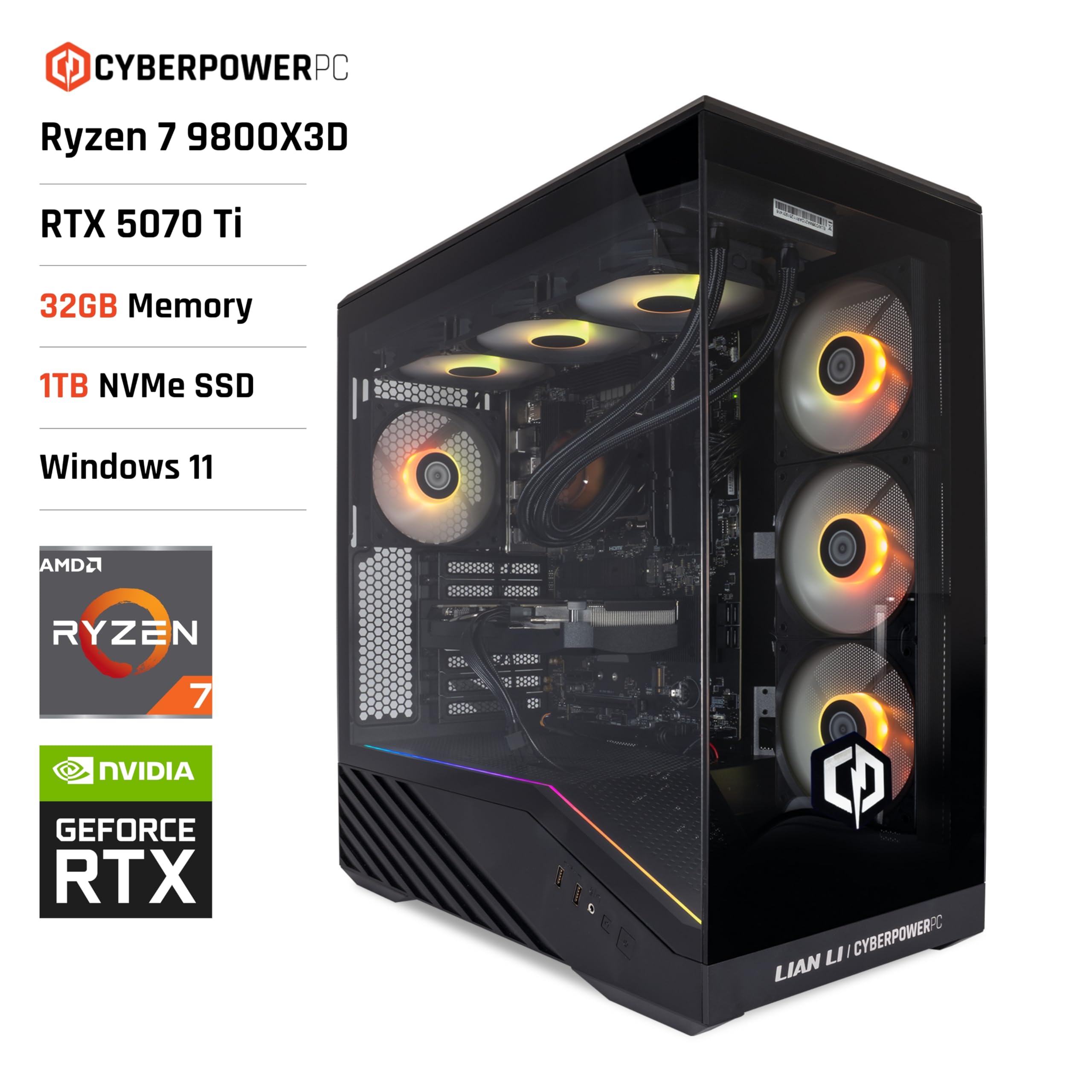 CYBERPOWERPC Luxe Gaming PC - AMD Ryzen 7 9800X3D, Nvidia RTX 5070 Ti 16GB, 32GB RAM, 1TB NVMe SSD, 750W 80+ PSU, Wi-Fi, Refrigeración a Liquido CPU, Windows 11, V100R RGB