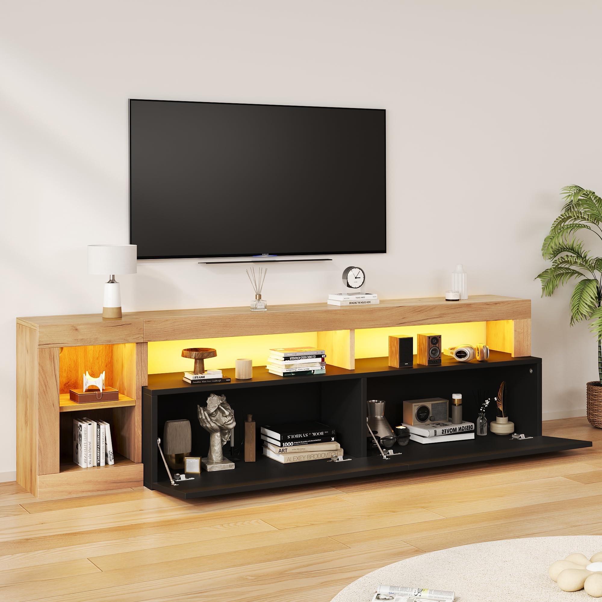 Meuble TV bas en bois avec LED 184 cm Noir