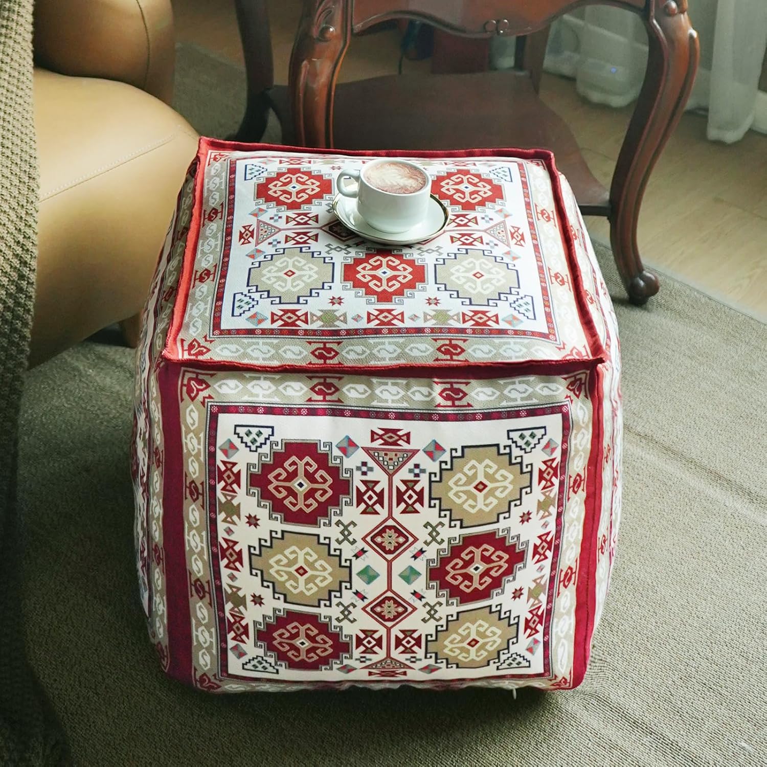 Unstuffed Pouf Cover Ottoman Footrest Bohemian Chenille Foot Stool Floor Bean Bag 18x18x18 Inches for Living Room Bedroom Home Decor (Red, Cube)