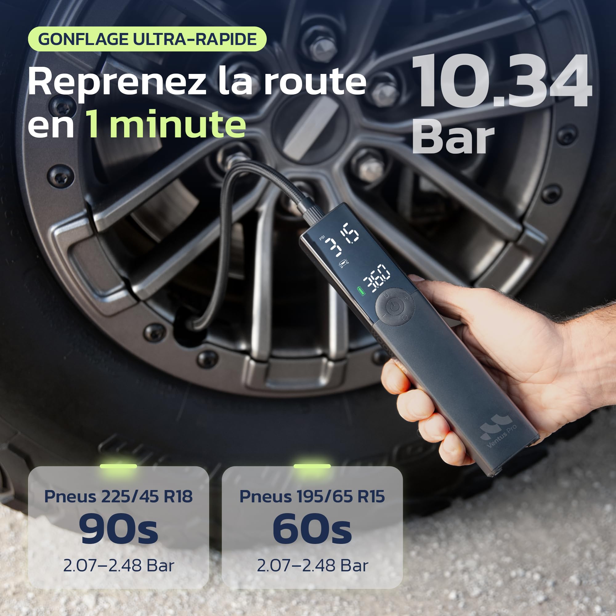 Woowind Compresseur à Air Portatif, Gonfleur de Pneu Premium, 2X Plus Rapide, 150PSI Pompe à Air pour Pneus de Voiture avec Câble 12V pour SUV & Tout-Terrain, Arrêt Automatique