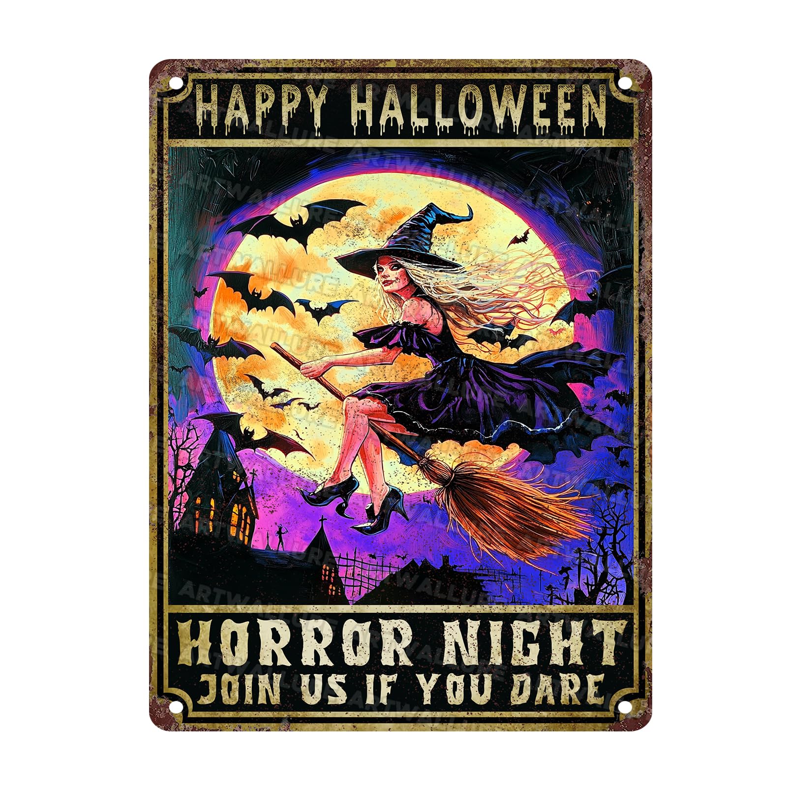 Halloween Spooky Witch Vintage Sign Witchy Bat Halloween Metal Tin Sign for Home Bar Kitchen Hotel Dining Room Coffee 12x16inch