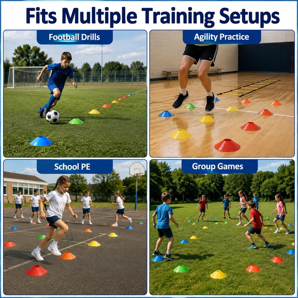 Lot de 100 cônes d'entraînement d'agilité de football, 5 couleurs avec sangle, cônes de marquage d'espace pour le football, le basket-ball et l'entraînement d'agilité
