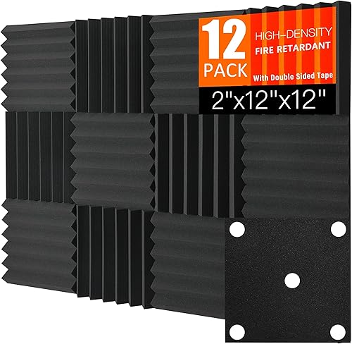 Paquete de 12 paneles de espuma acústica de 2 x 12 x 12 pulgadas, paneles de espuma a prueba de sonido, insonorizantes, absorbentes de ruido,
