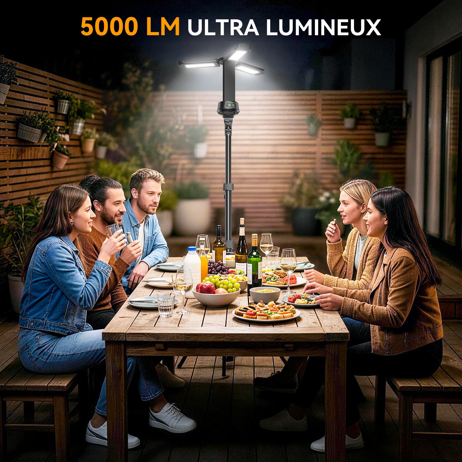 15000 mAh Projecteur de Chantier avec Télécommande, 5000LM Projecteur LED Rechargeable Dimmable, 5 Mode, Trépied Réglable 2.08m, Lampe de Camping Réglable avec Sac de Transport pour Atelier, Urgence