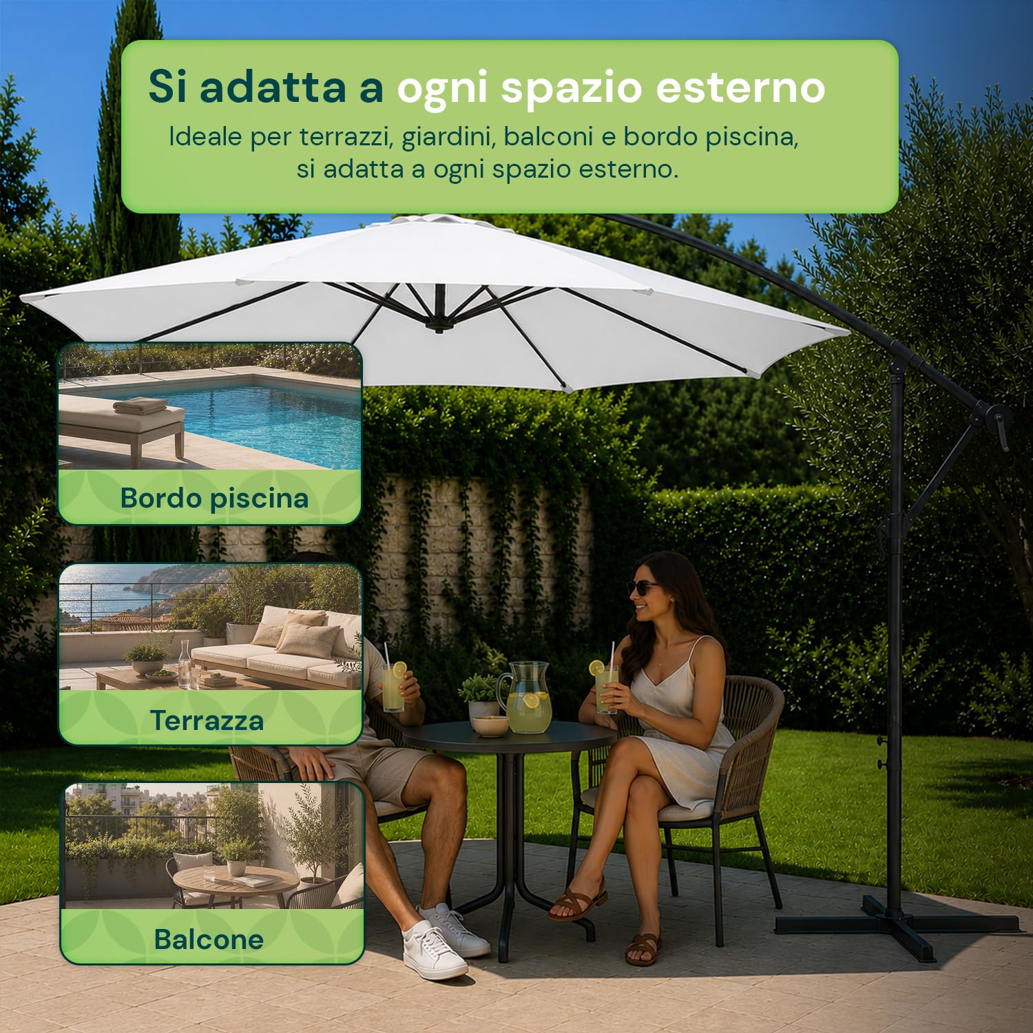 Avilia - Ombrellone da Giardino 300 cm Altezza 2,5 m con Braccio Decentrato, Tessuto Impermeabile e Anti Raggi UV, Apertura a Manovella, Design Moderno per Arredo Giardino per Esterno